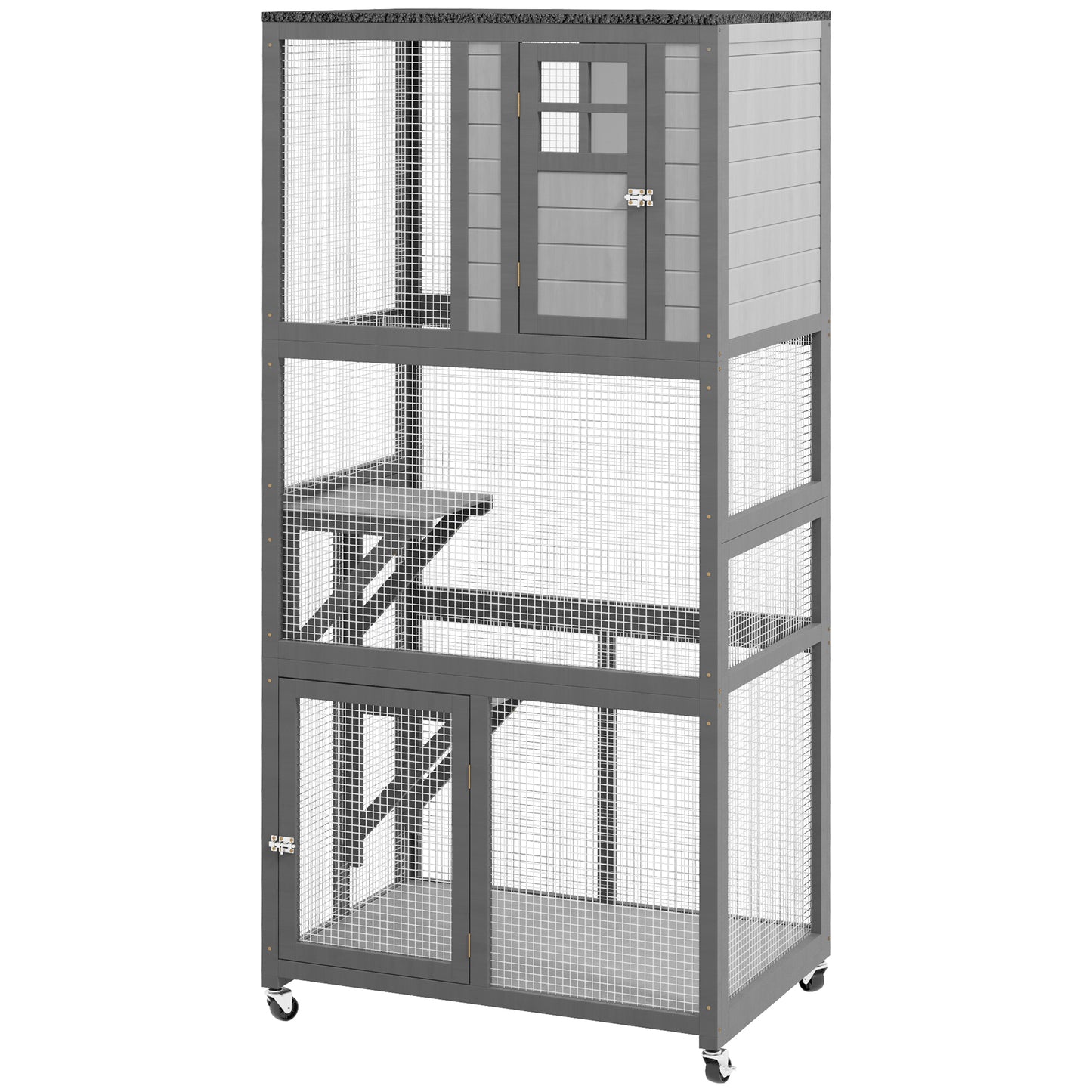 Gray multilevel wooden pet cage with wire mesh doors and platforms for small animals