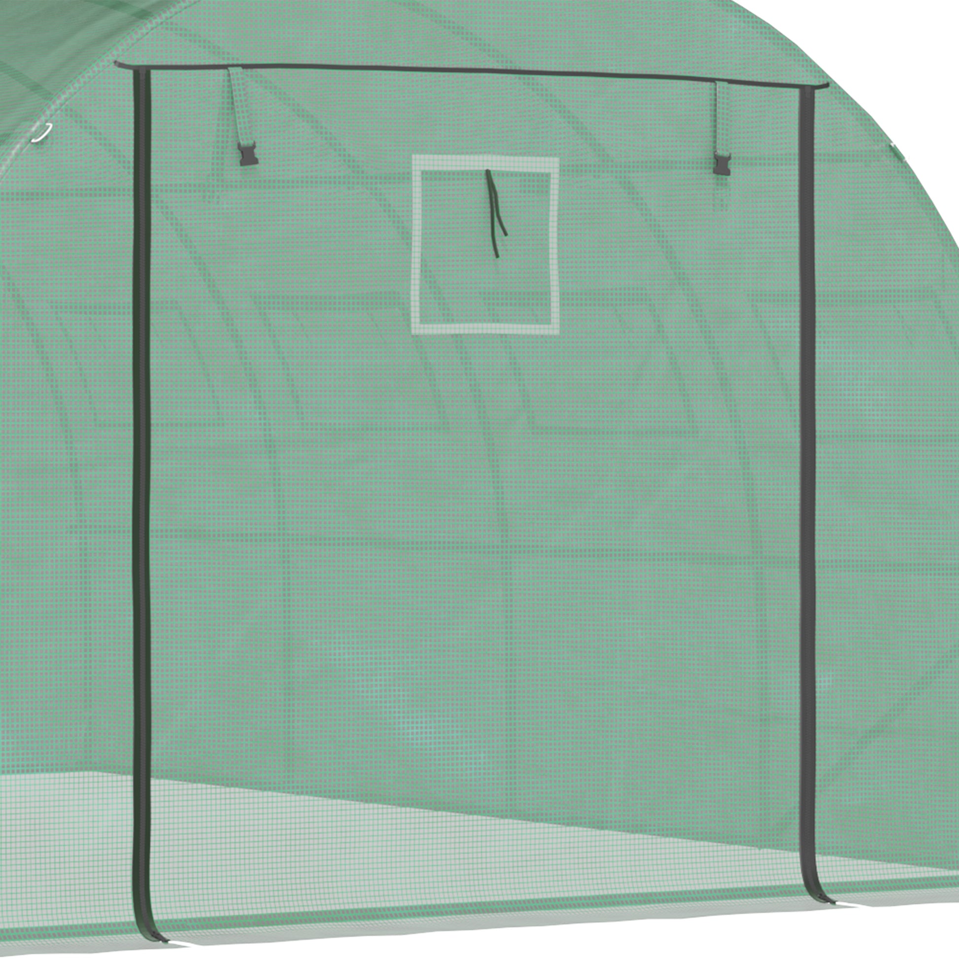 Green greenhouse frame with mesh cover and small vent window for gardening