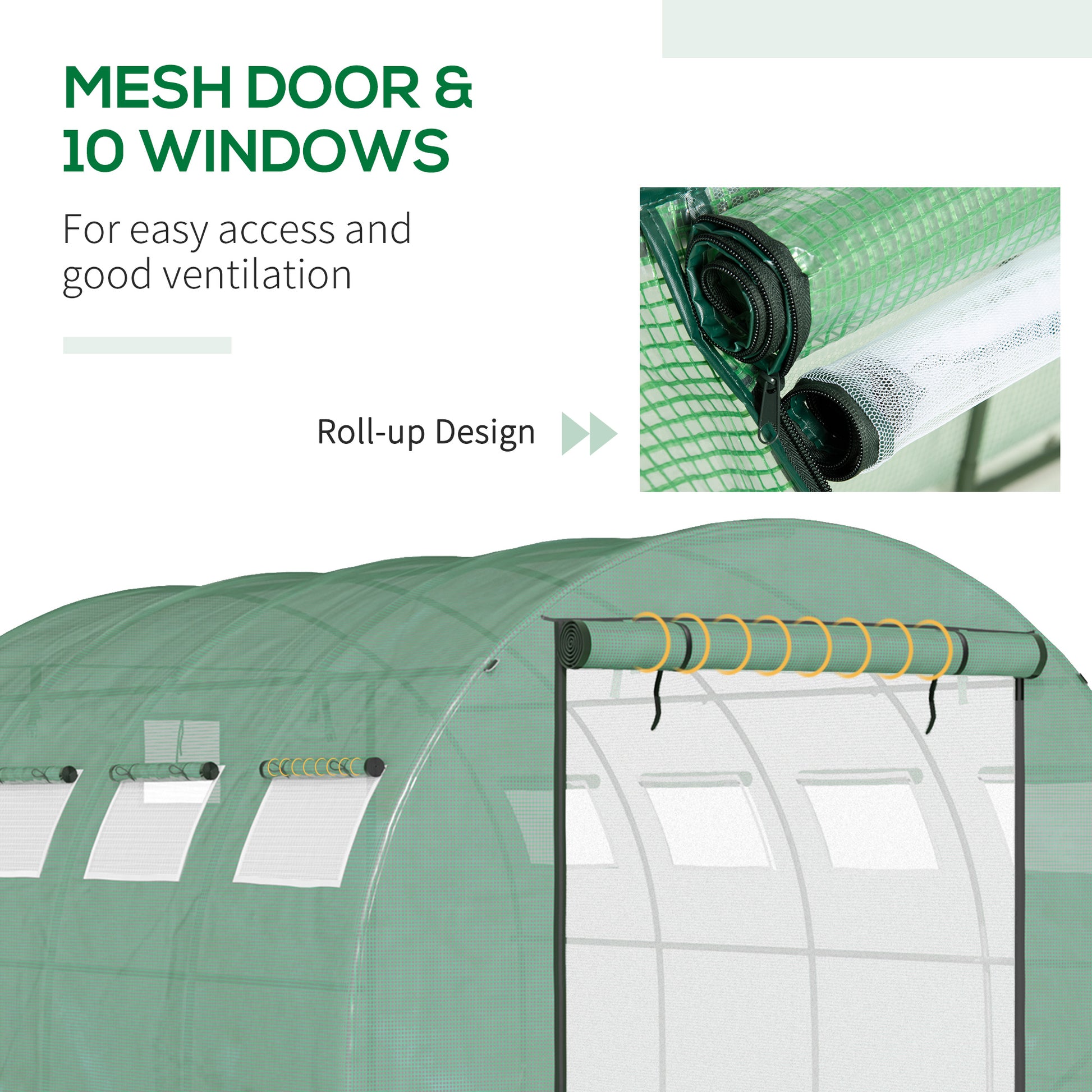 Green greenhouse with rollup mesh doors and ten ventilation windows for gardening