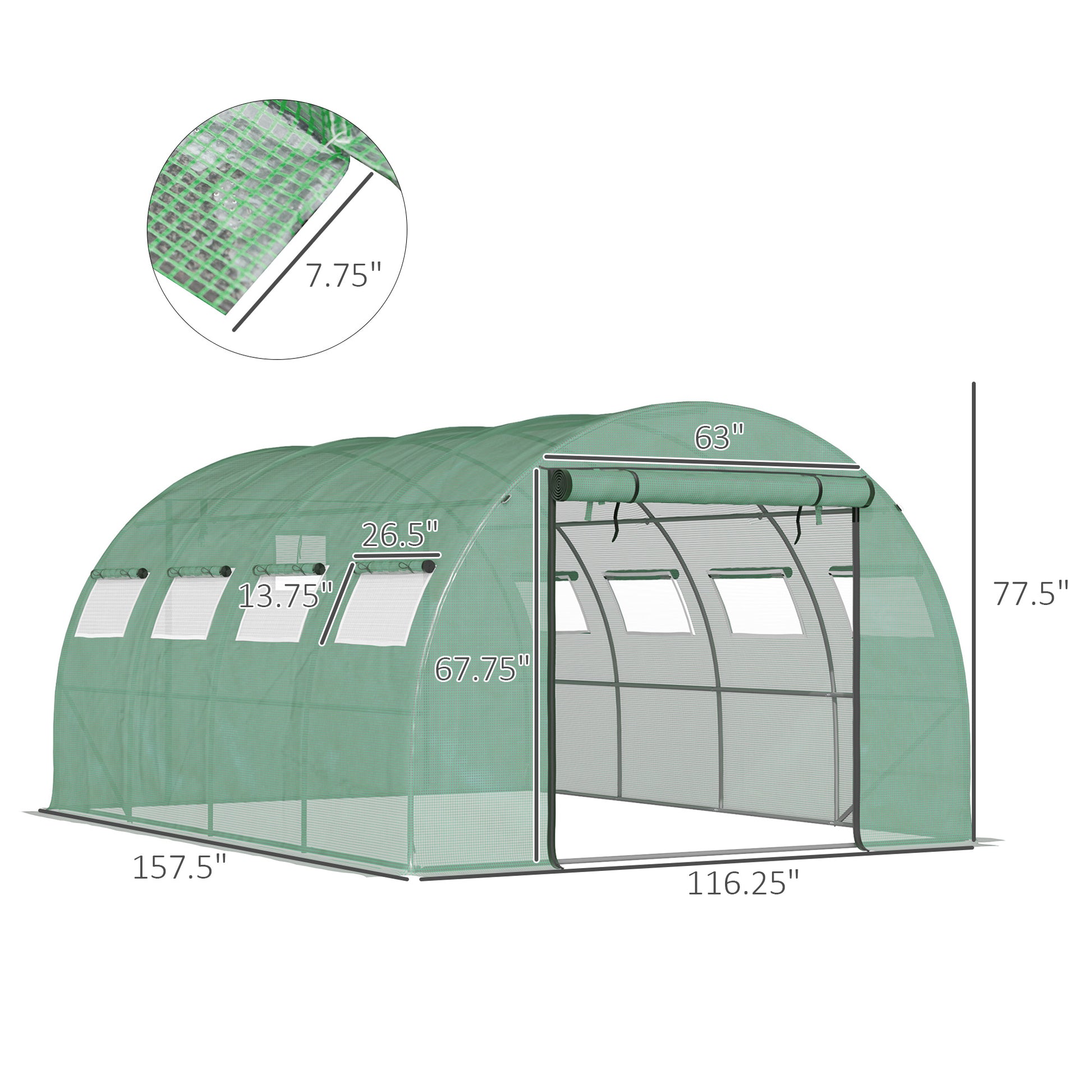 Green tunnel greenhouse with rollup door and vent windows for yearround gardening