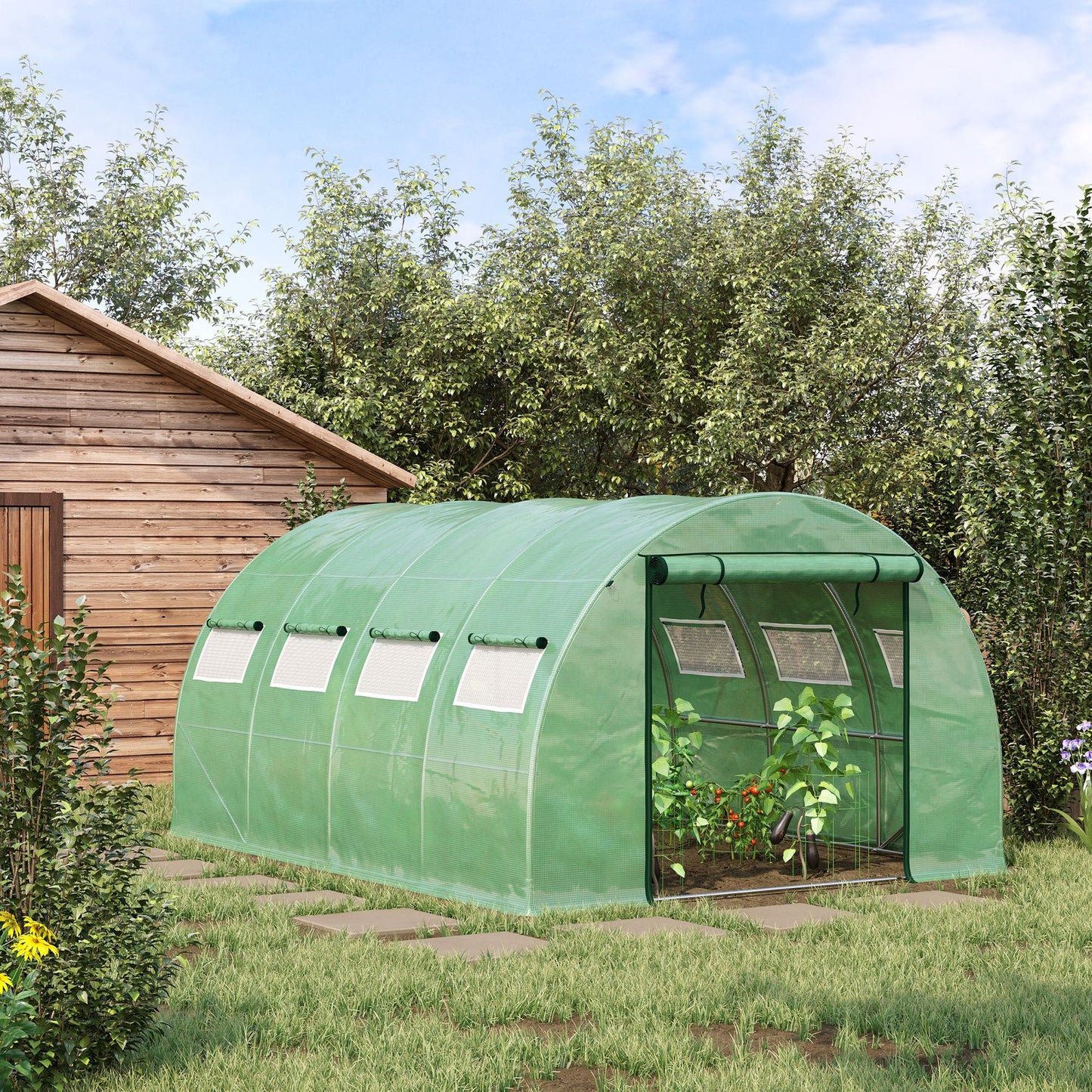 Green tunnel greenhouse with rollup door and ventilation windows