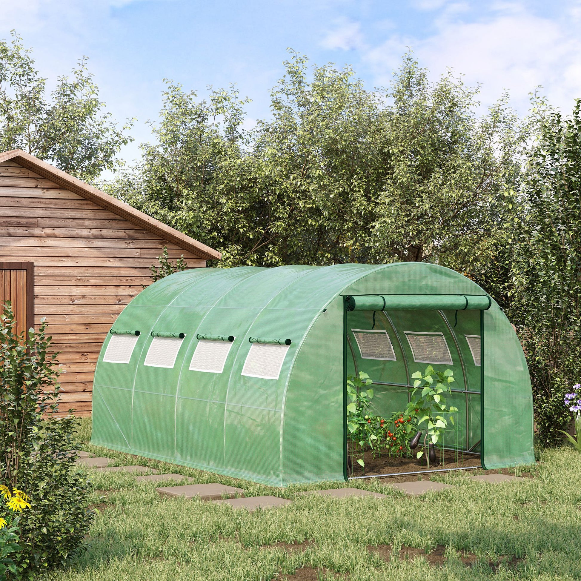 Green tunnel greenhouse with rollup door and ventilation windows