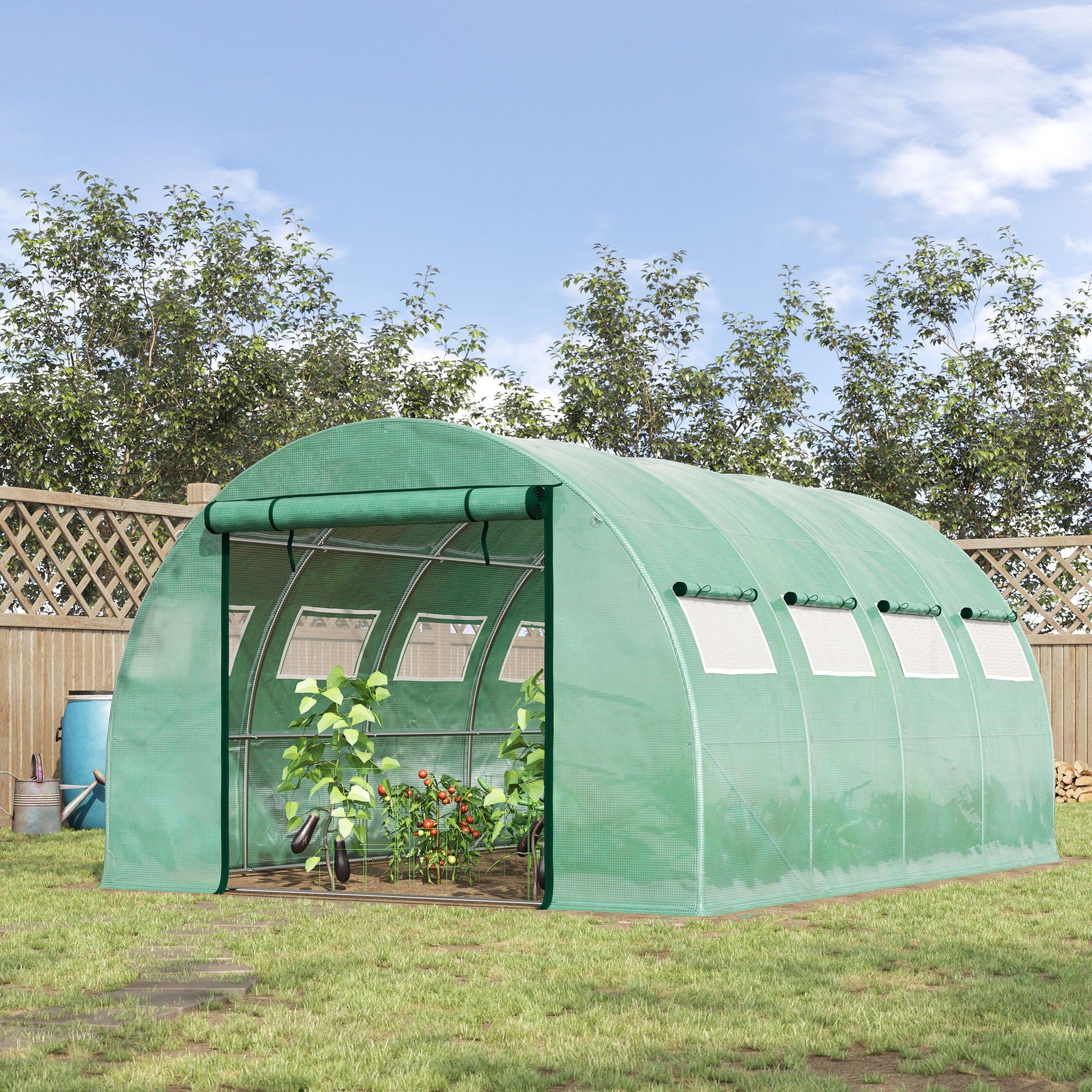 Green walkin greenhouse with rollup door and ventilated windows ideal for yearround gardening