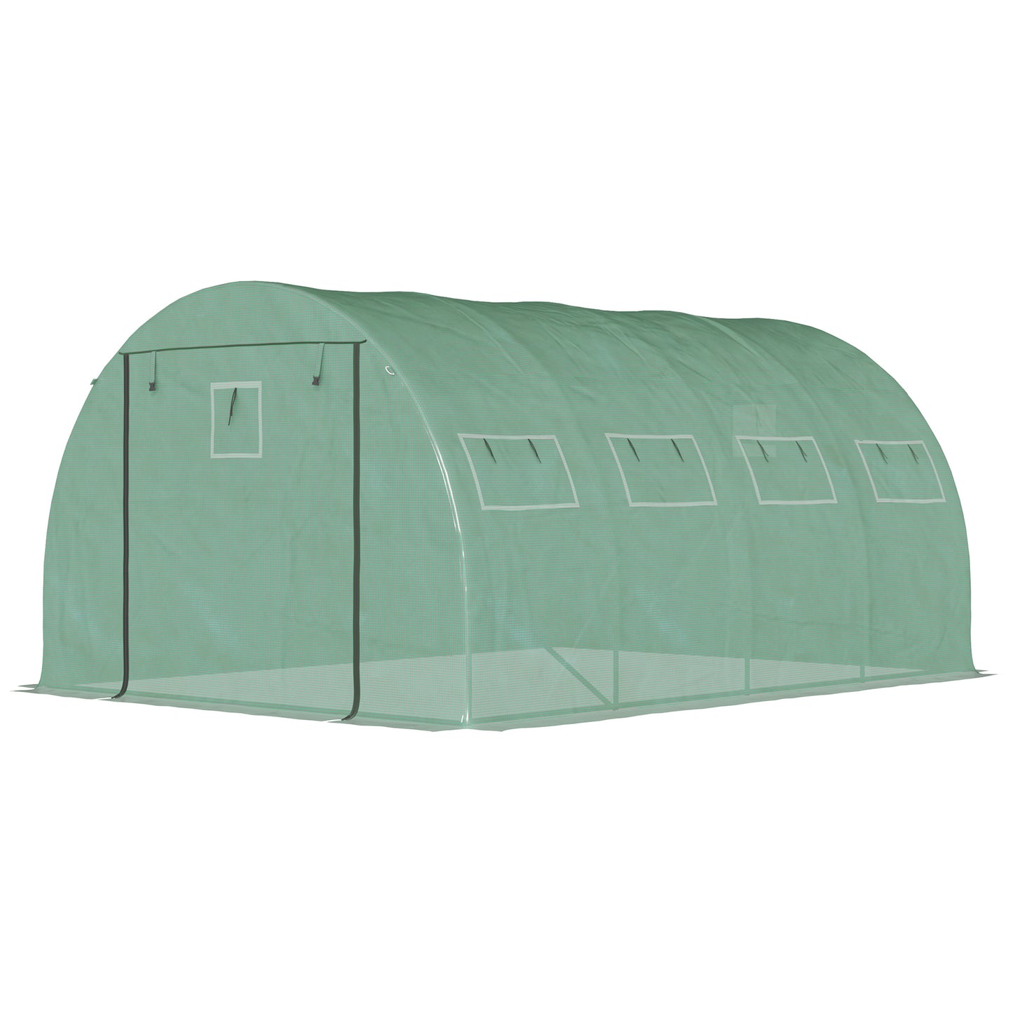 Green tunnel greenhouse with clear plastic cover and multiple ventilation windows