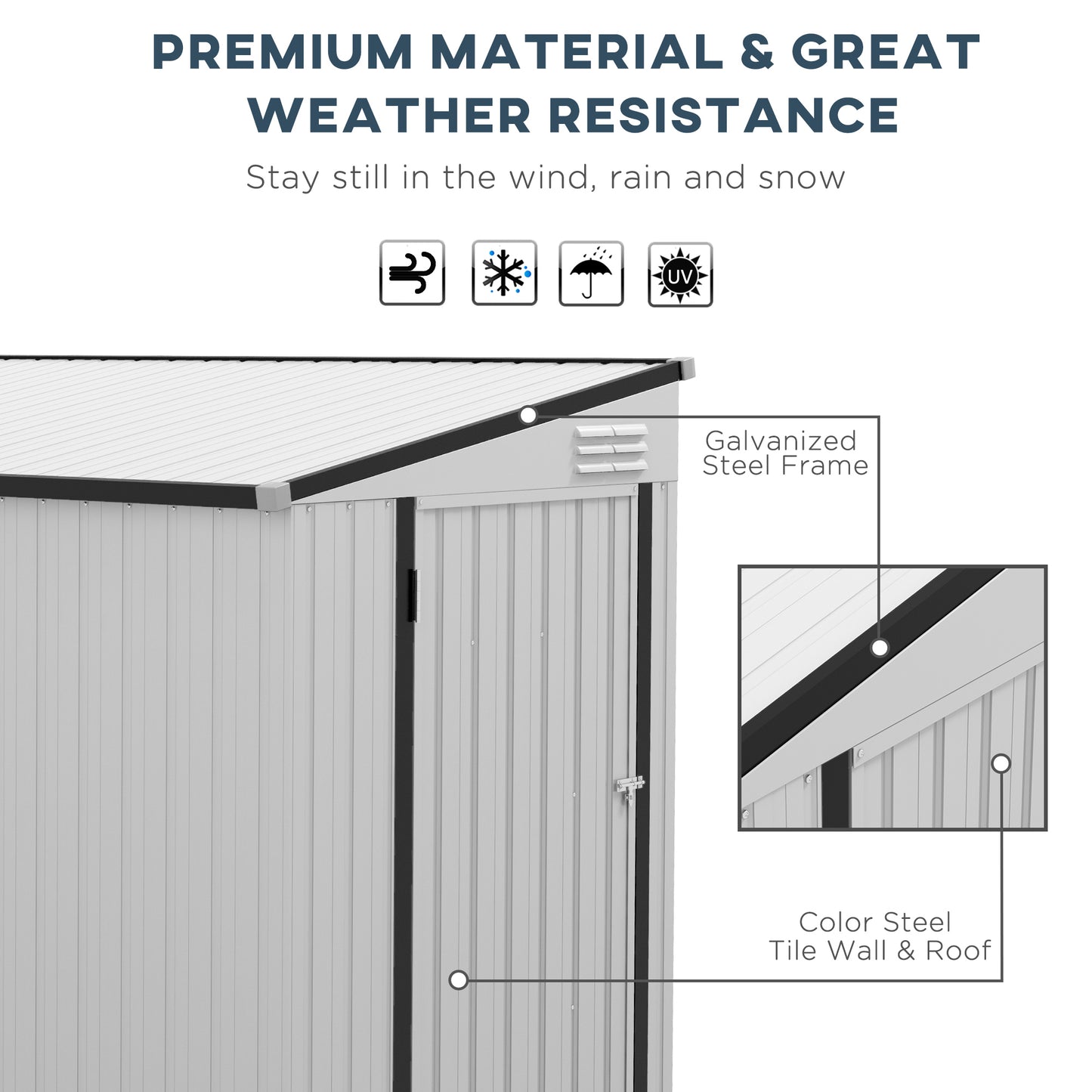 Light grey storage shed with galvanized steel frame featuring ribbed color steel tile walls and roof
