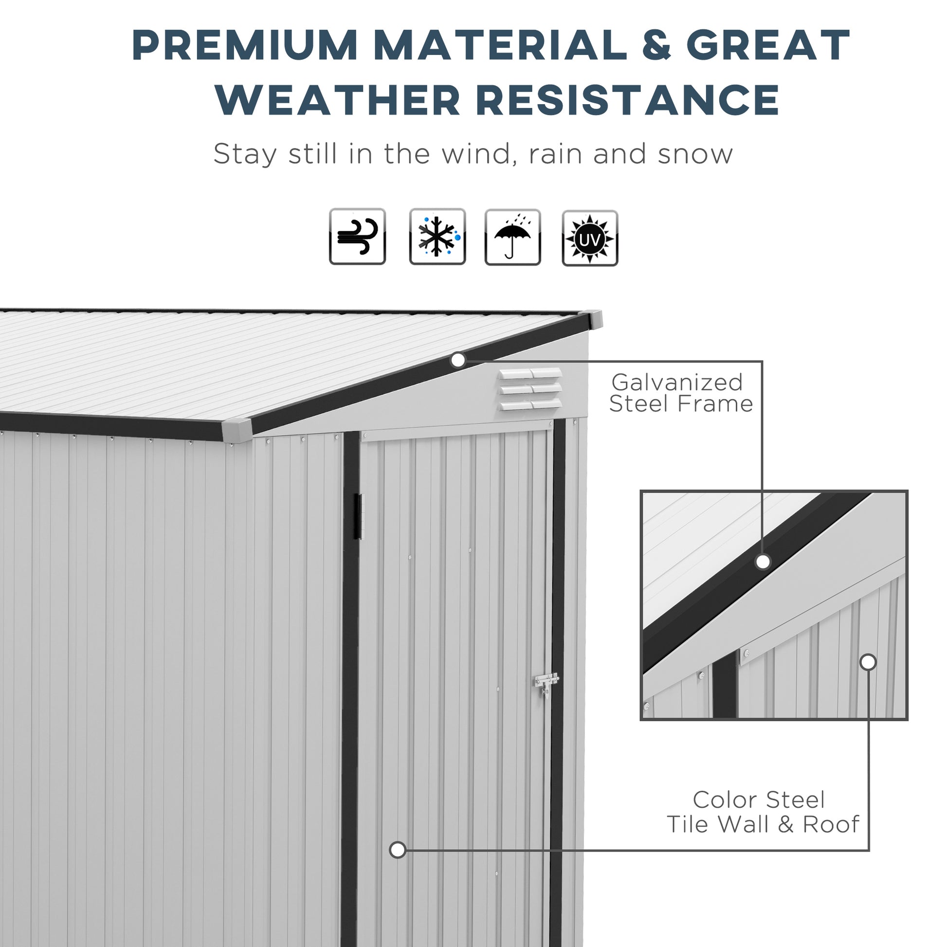Light grey storage shed with galvanized steel frame featuring ribbed color steel tile walls and roof
