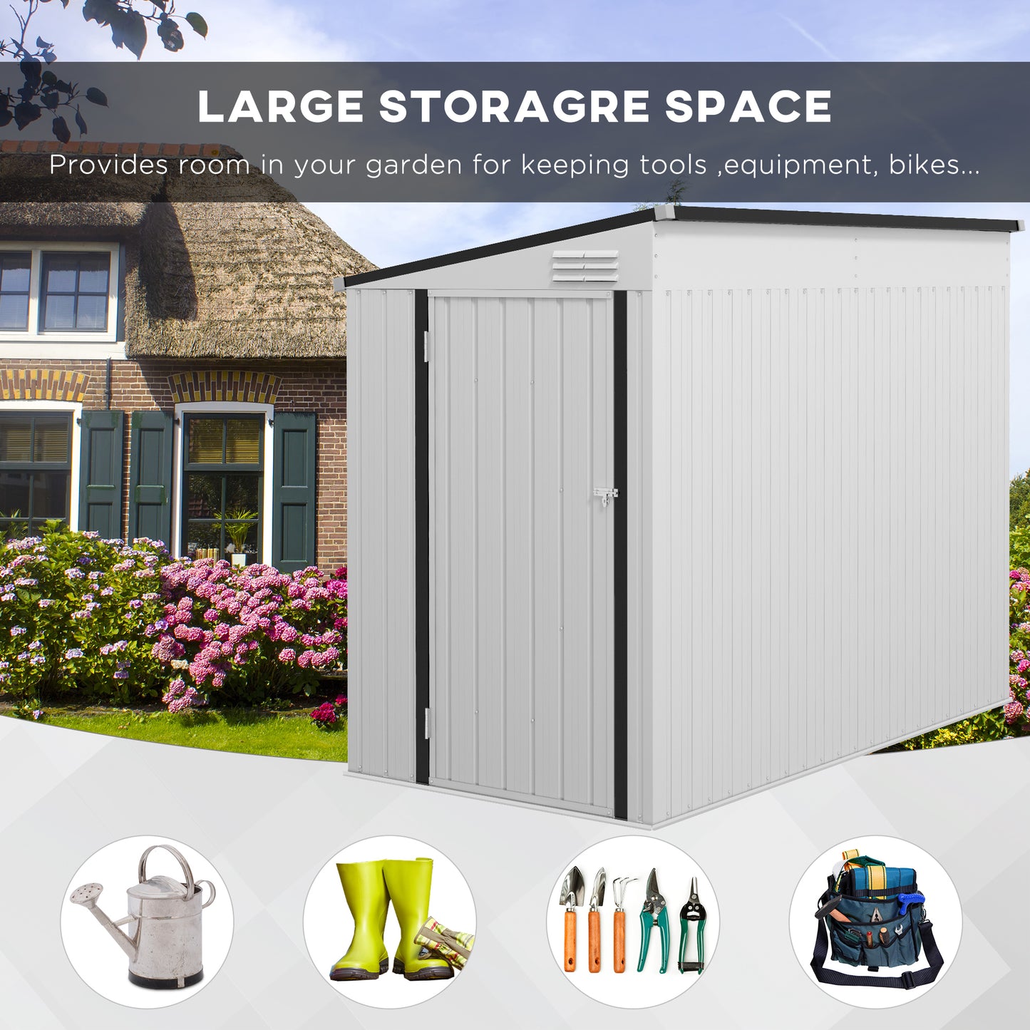 Light gray metal garden shed with silver latch set in a garden Keyword garden shed