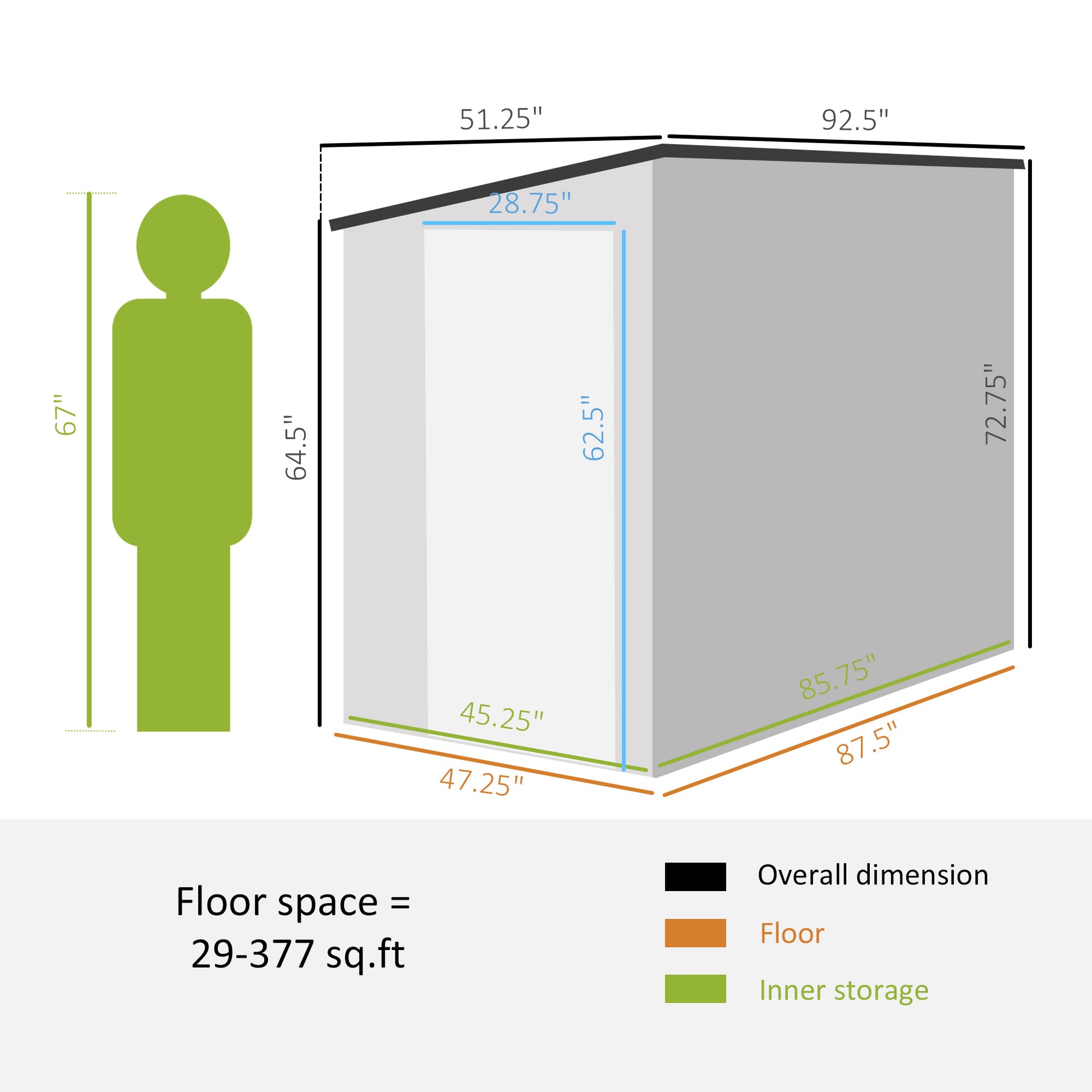 Diagram showing shed dimensions  person scale x floor space