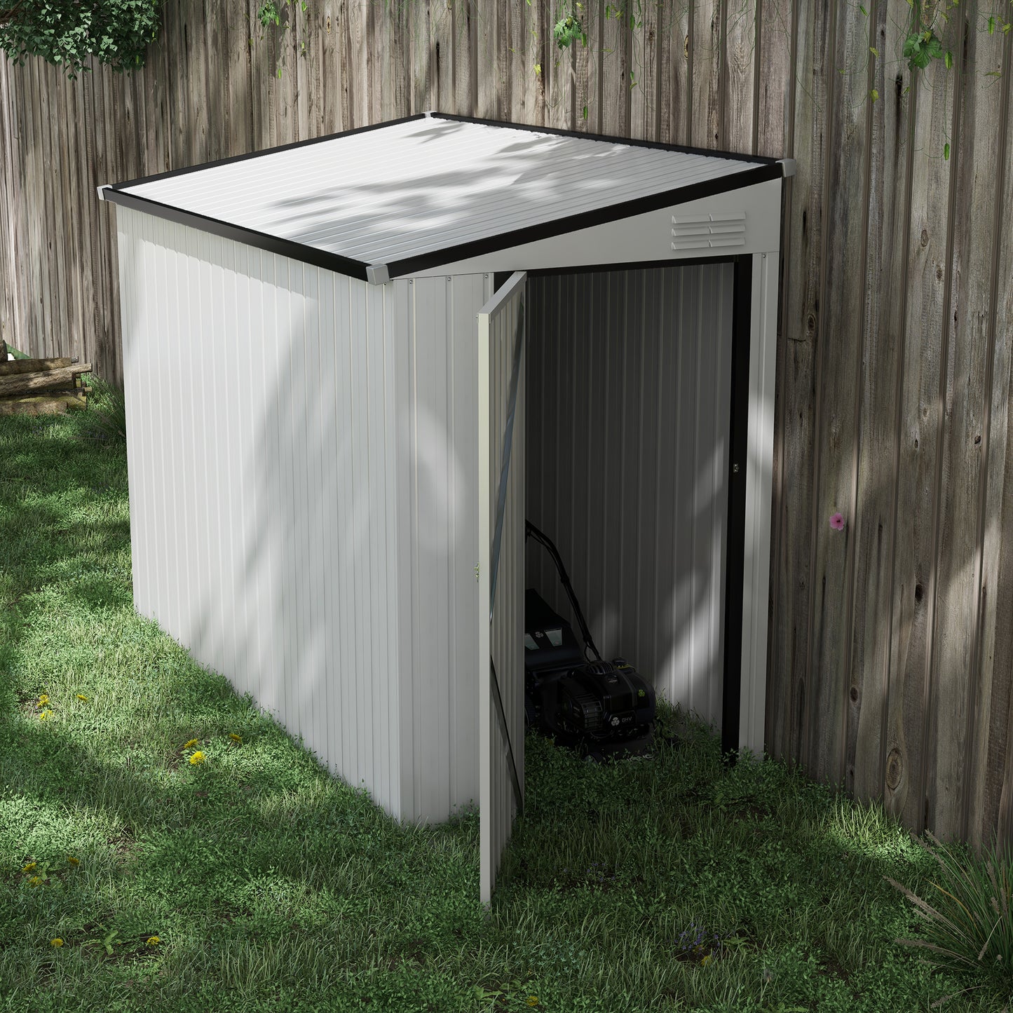 White metal garden shed with sloped roof and open door storing a lawn mower