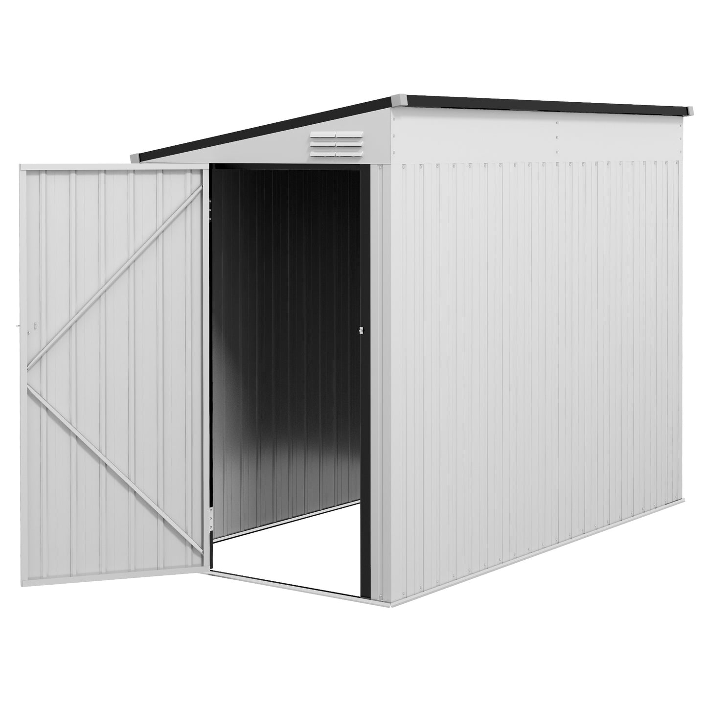 White metal garden shed with double doors open ideal for outdoor storage solutions