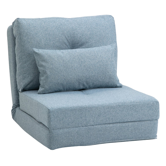 Light blue linen convertible chair with lumbar pillow ideal for small spaces