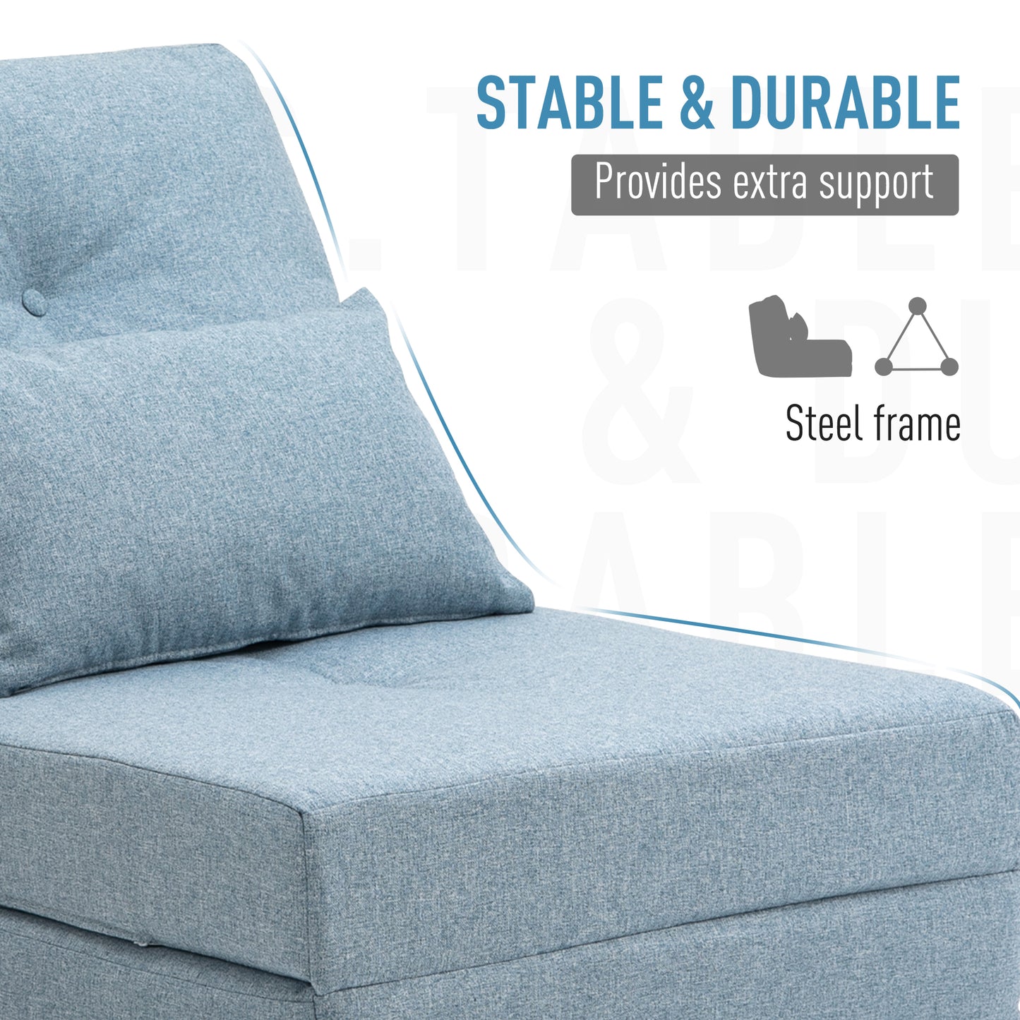 Light blue upholstered chaise lounge with tufted cushion and steel frame