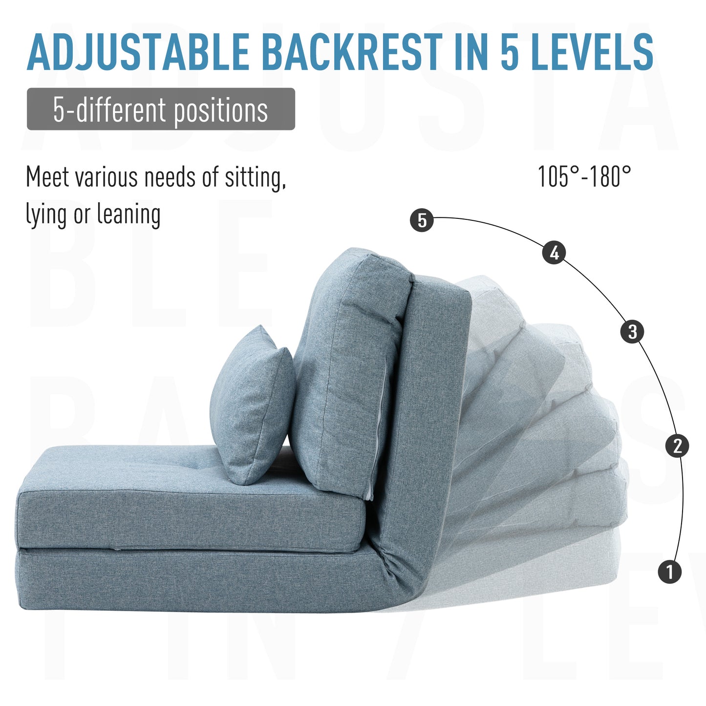 Blue fabric convertible sofa bed with adjustable backrest in  positions