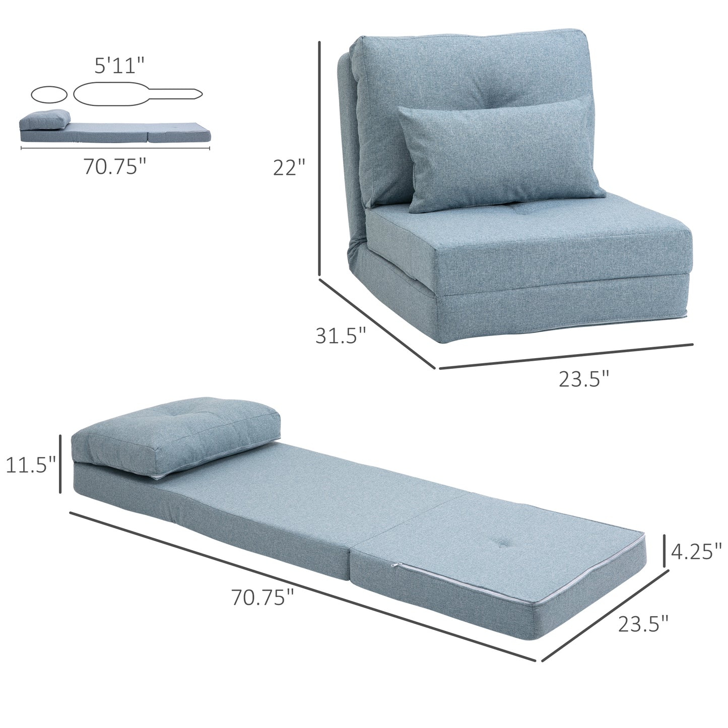 Light blue convertible sofa bed with included pillow  inches long