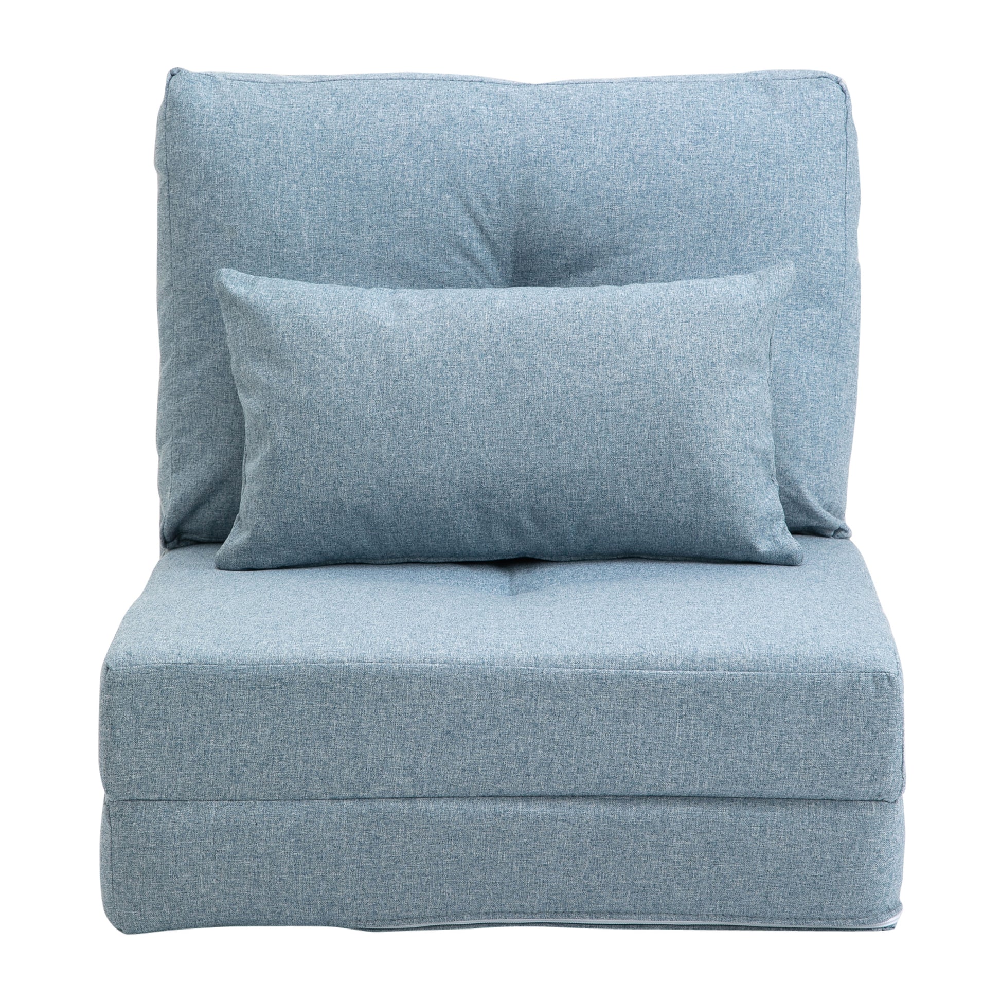 Light blue fabric convertible sofa with included lumbar pillow
