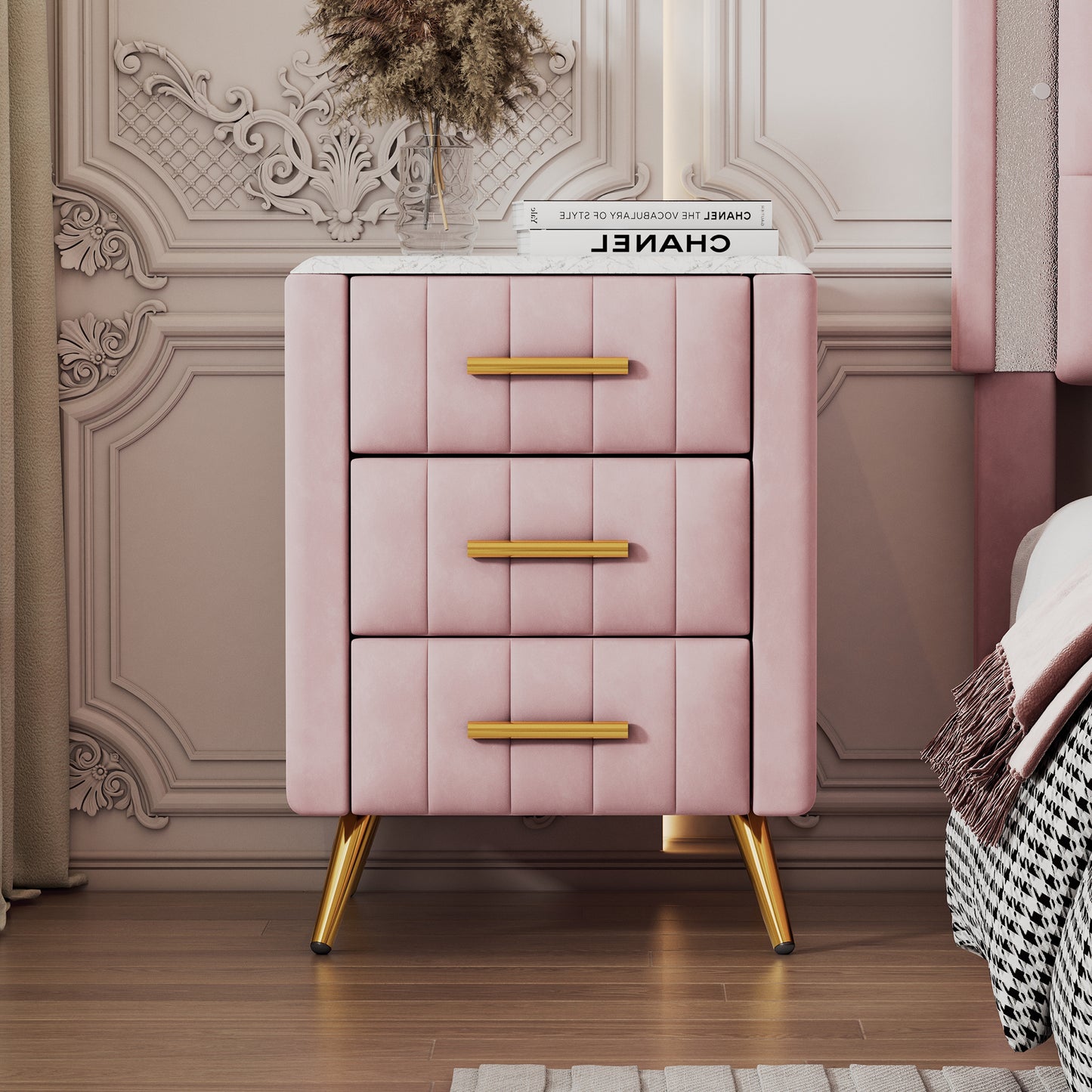 Dusty rose velvet nightstand with three drawers and gold hardware
