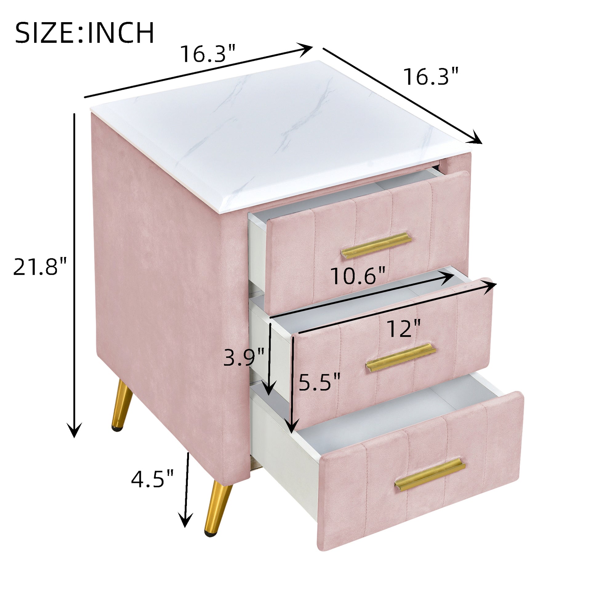Pink velvet nightstand with white marble top and gold legs