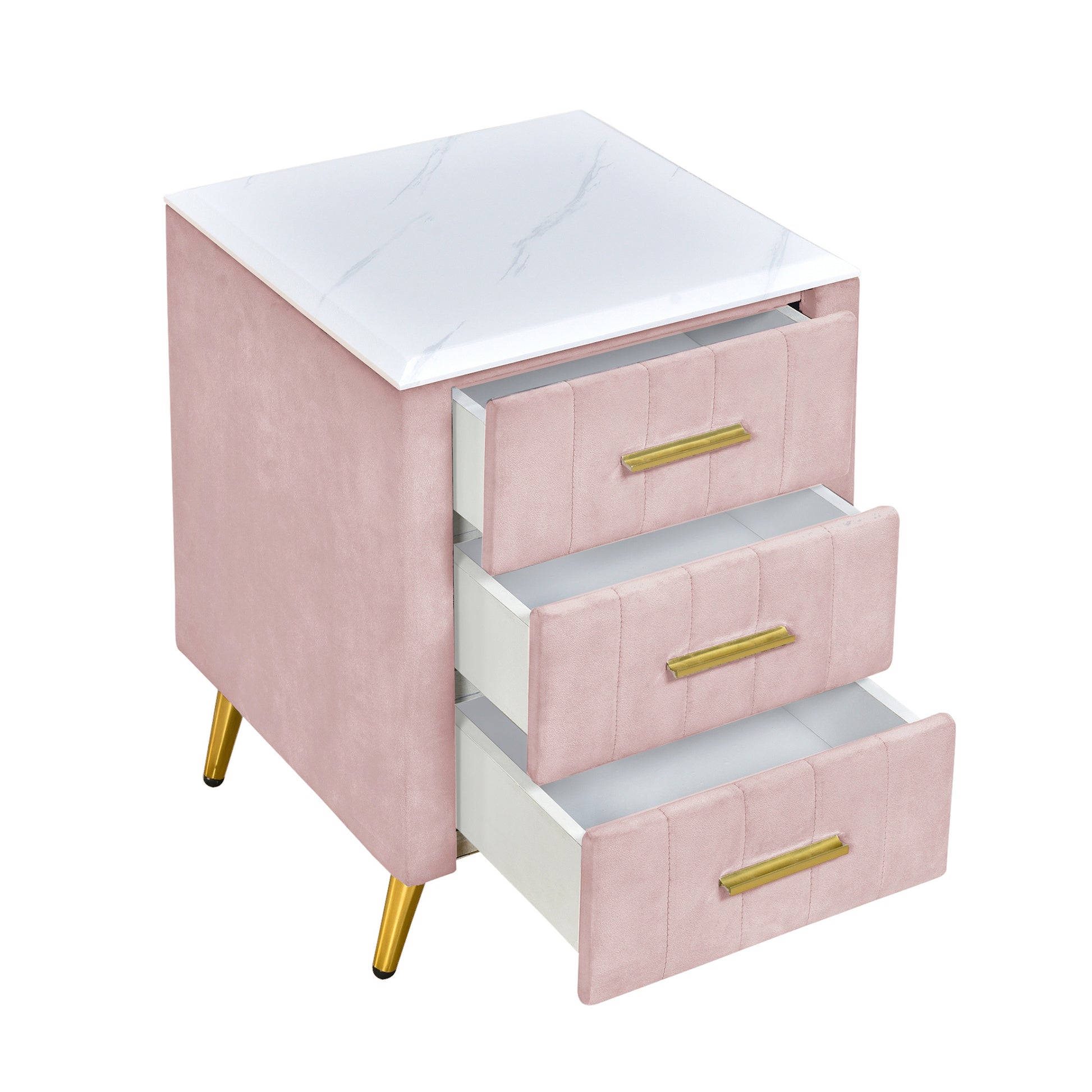 Pink velvet nightstand with white marble top and gold legs