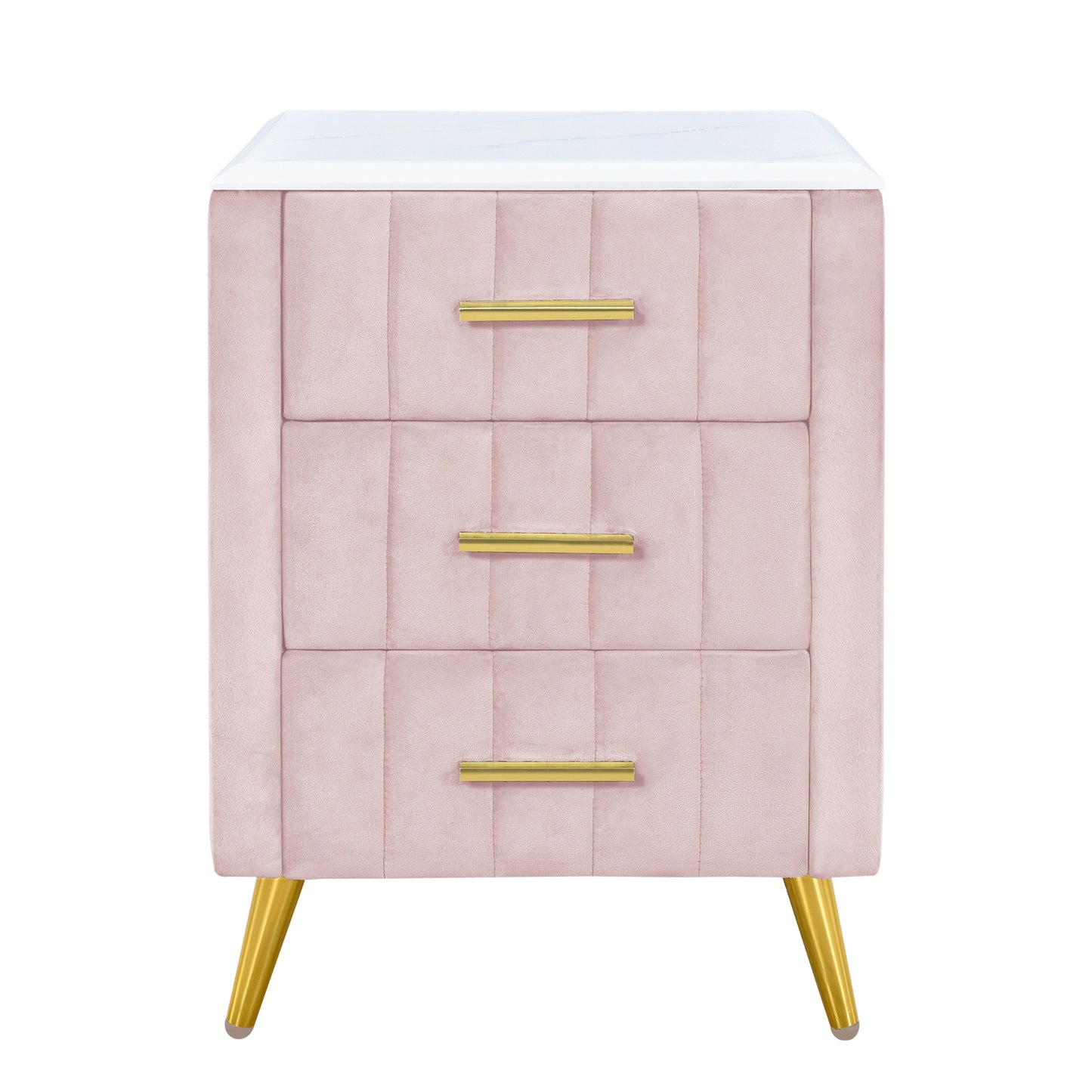 Pink velvet nightstand with three drawers and gold hardware