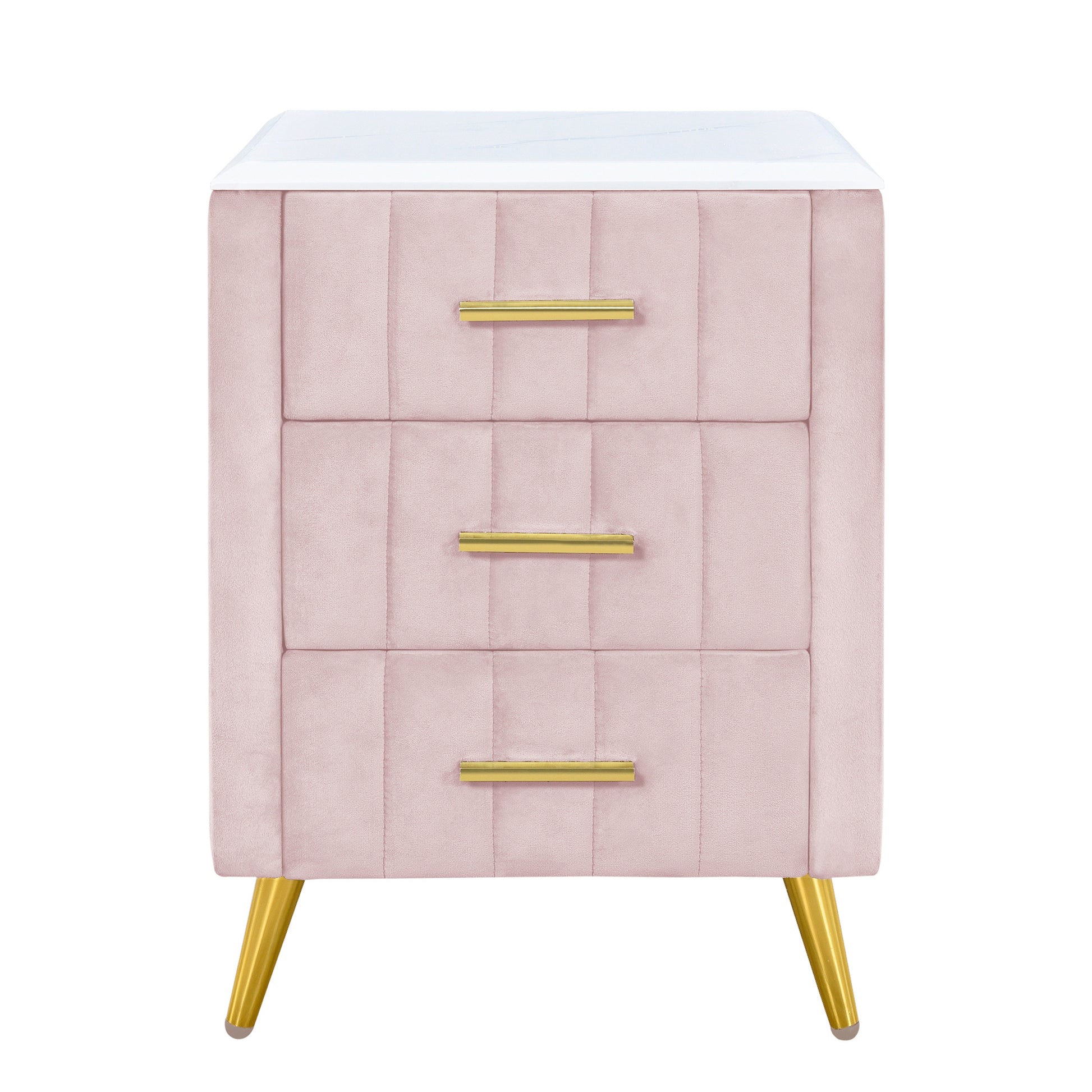 Pink velvet nightstand with three drawers and gold hardware