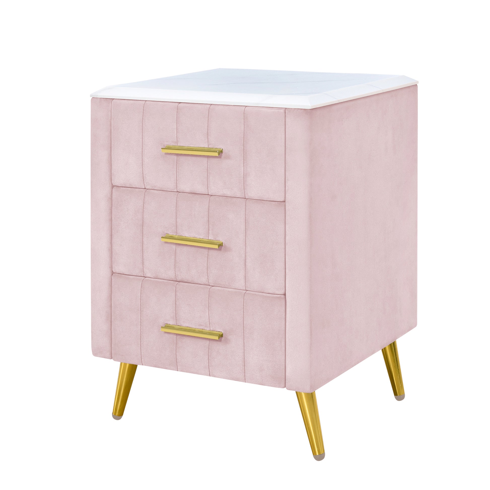 Pink velvet nightstand with three drawers gold handles and tapered gold legs