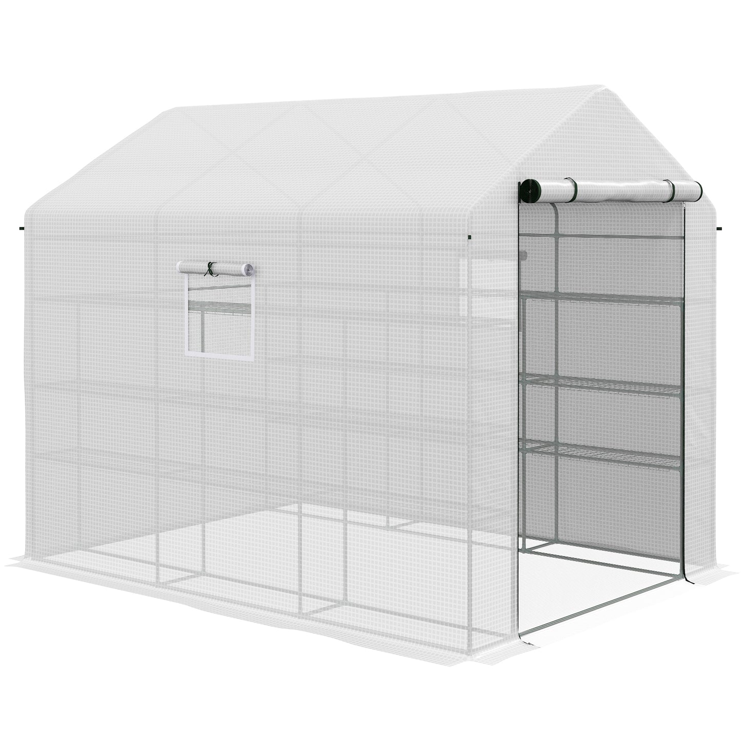 Walkin greenhouse with zippered rollup door and shelving for optimal plant growth