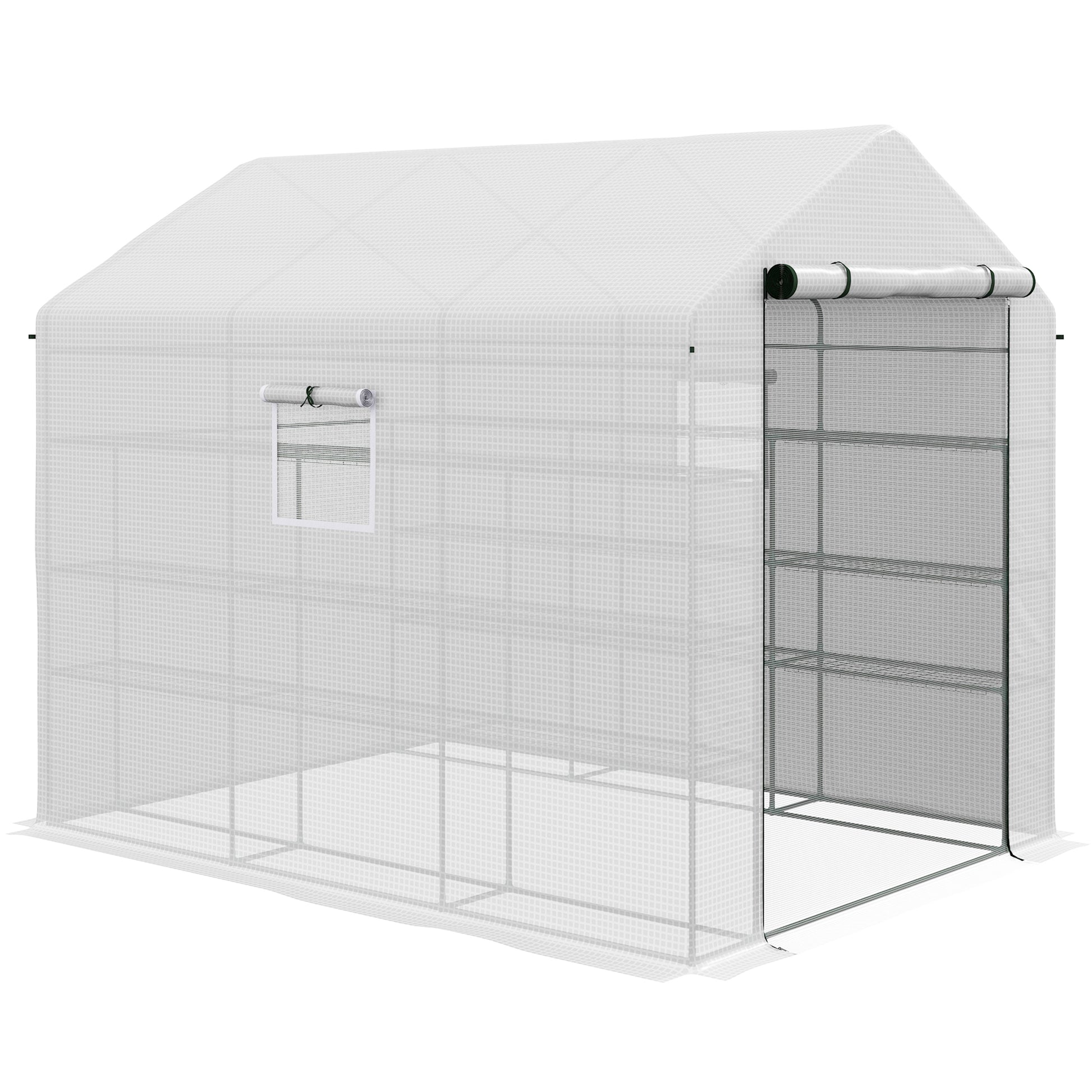 Walkin greenhouse with zippered rollup door and shelving for optimal plant growth