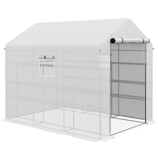 Walkin greenhouse with zippered rollup door and shelving for optimal plant growth