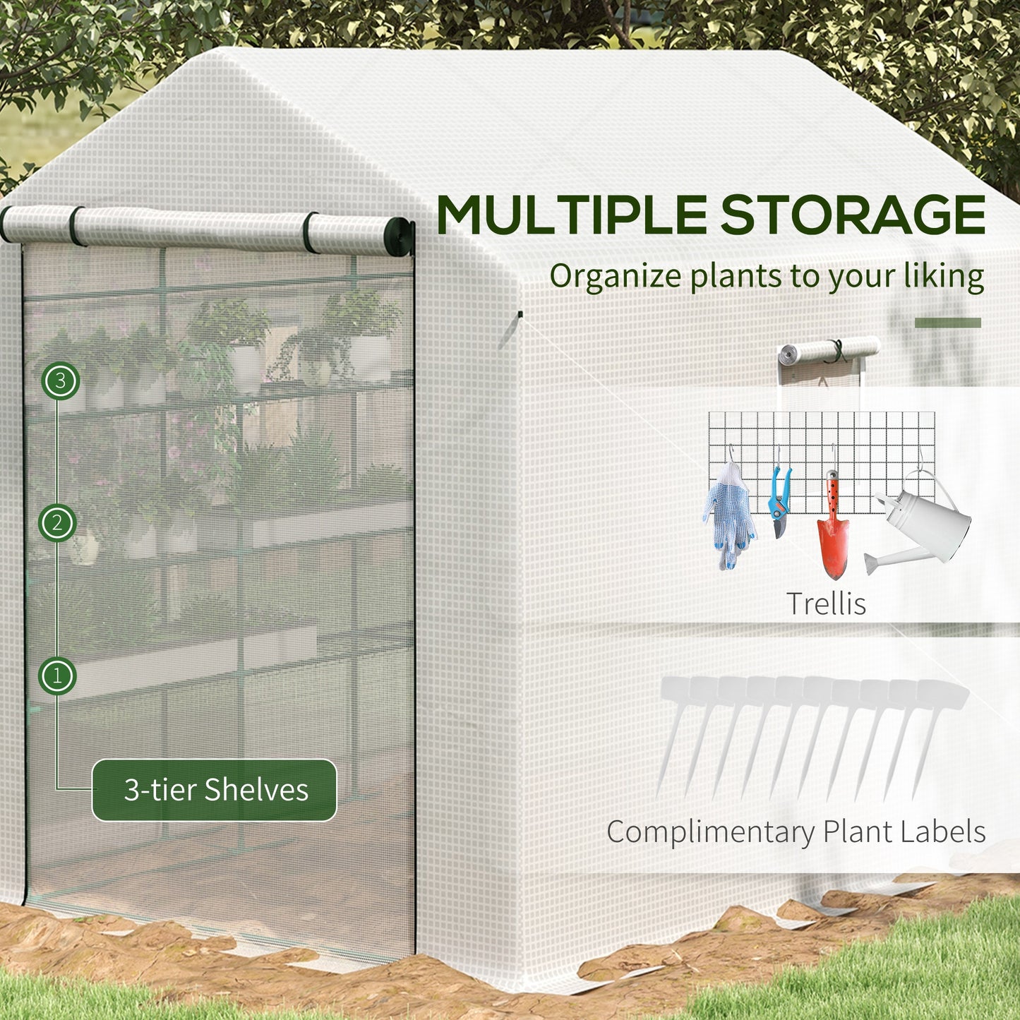 Greenhouse with tier shelves for organizing plants and ample storage space