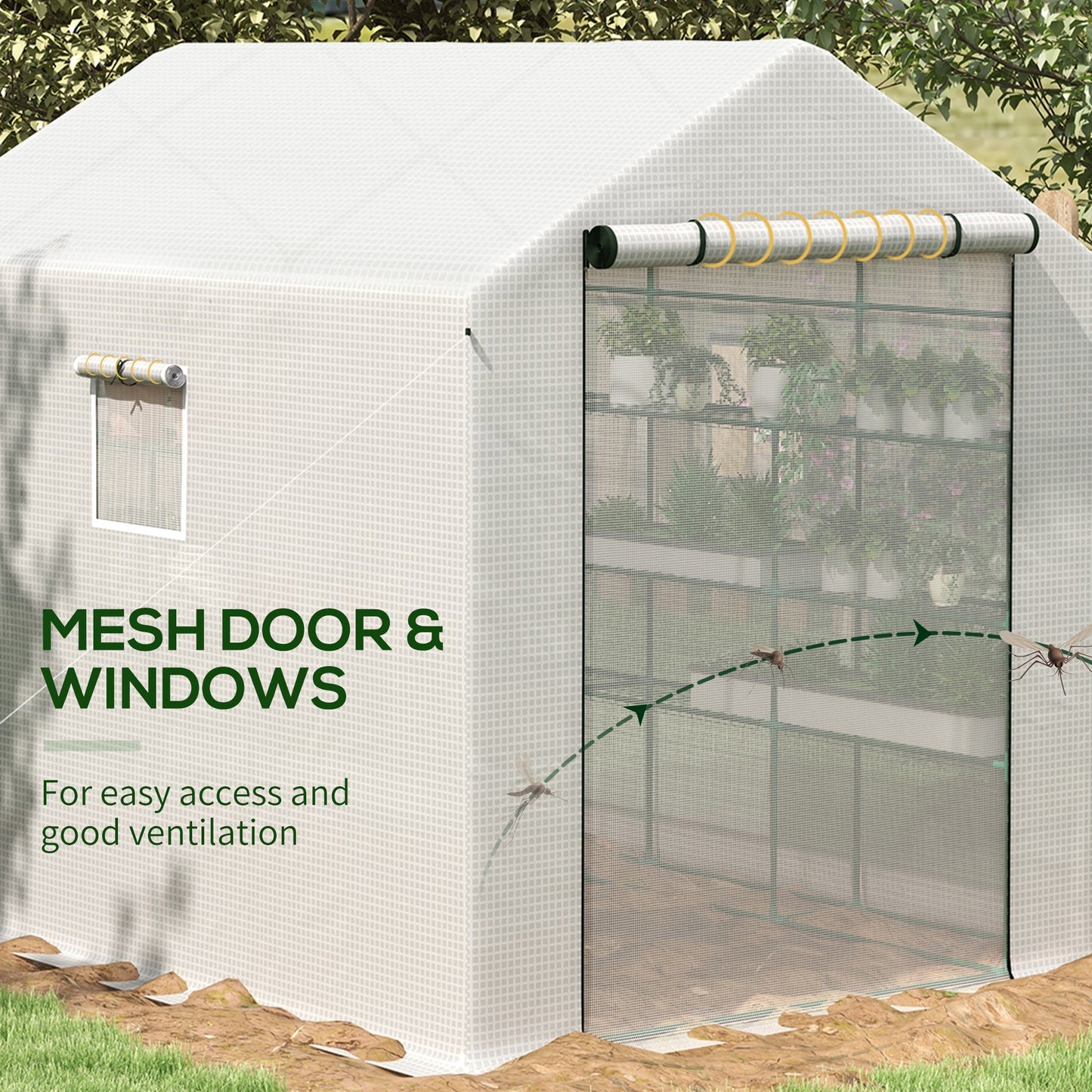 White mesh greenhouse with rollup door and ventilation windows ideal for gardening