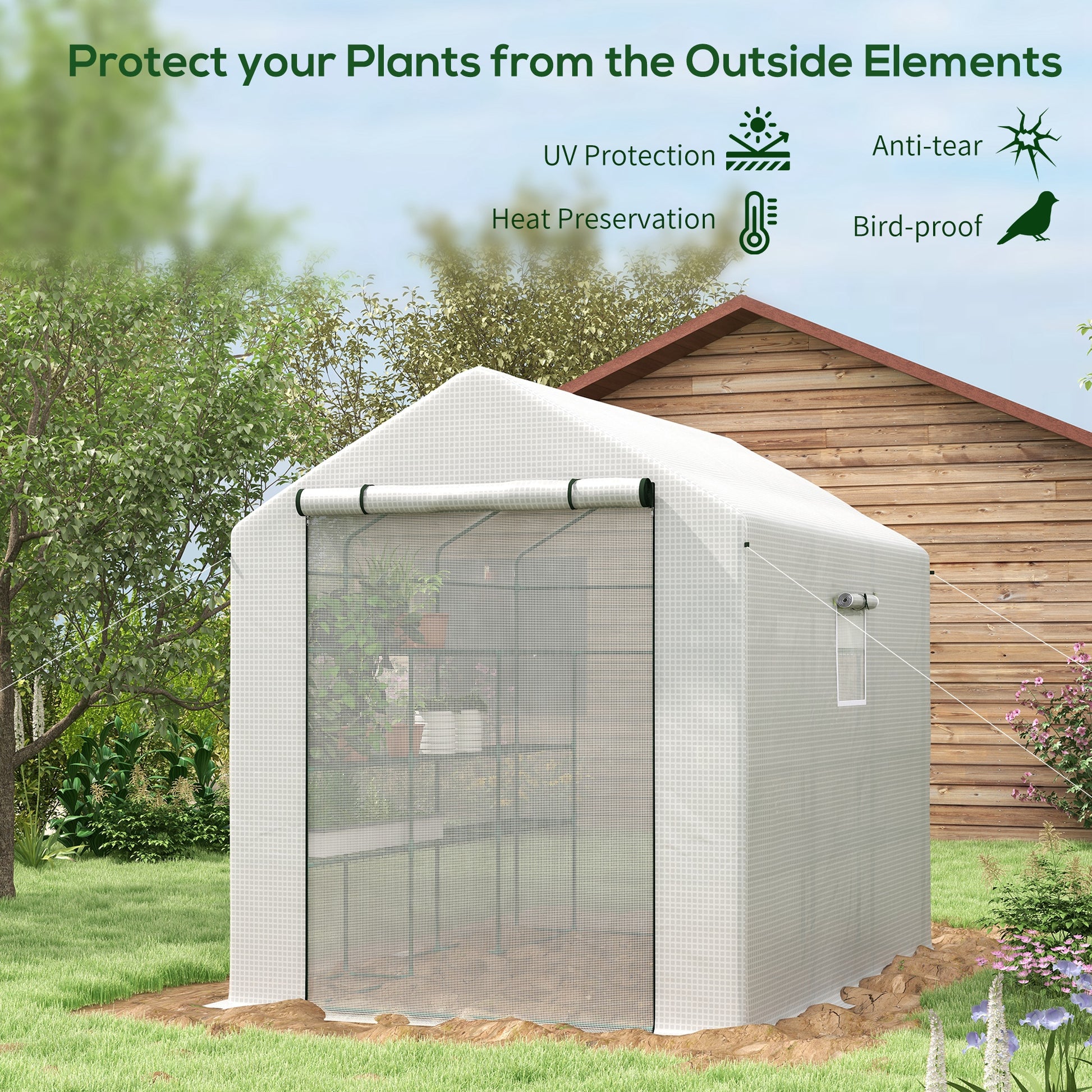 White popup greenhouse with rollup door ideal for small gardens