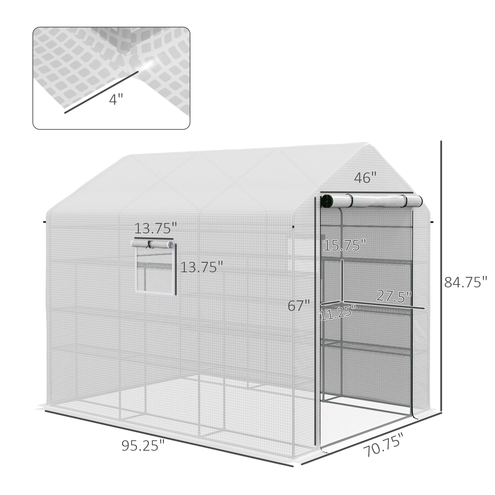 White portable greenhouse with shelves and rolledup door for gardening