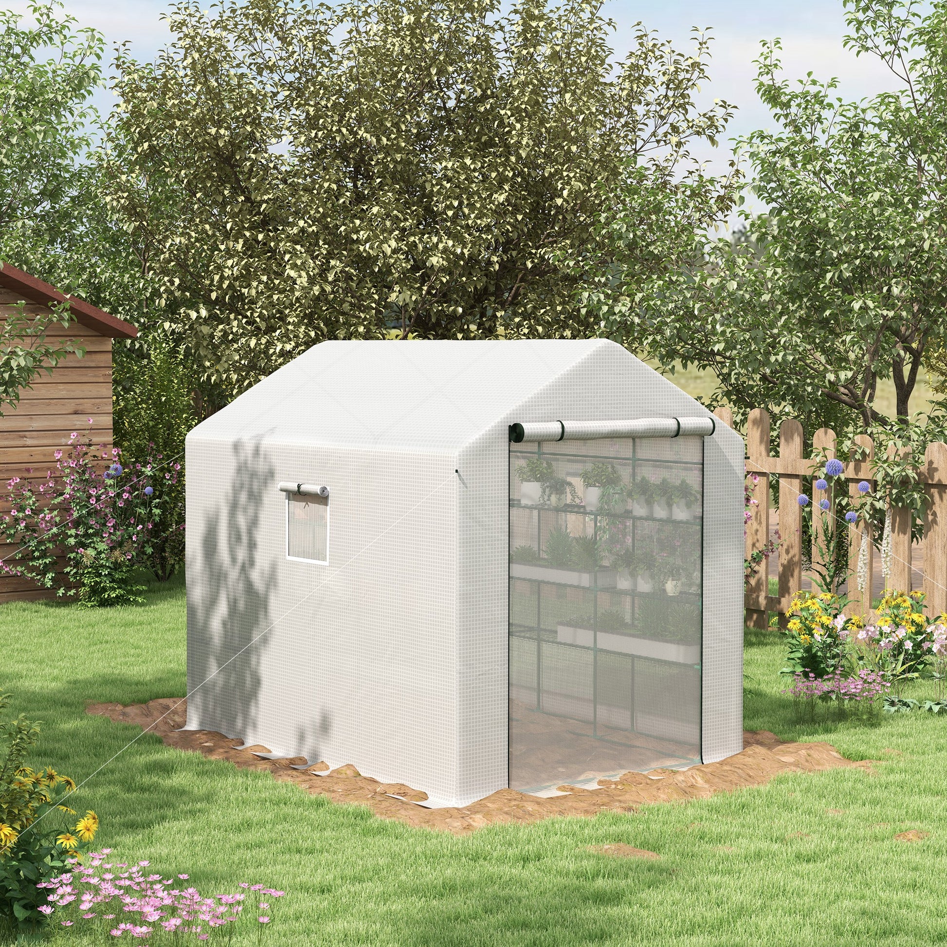 White walkin greenhouse with shelves outdoor gardening essential