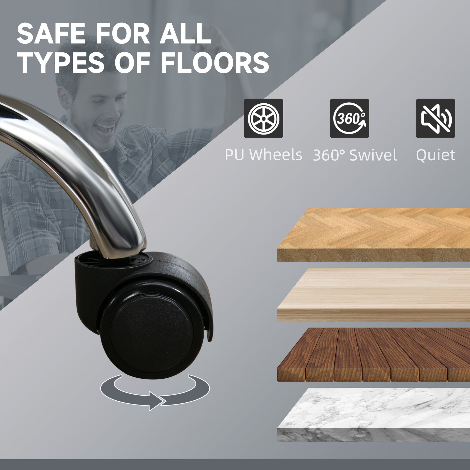 Black PU caster wheel with silver accents safe for all floor types