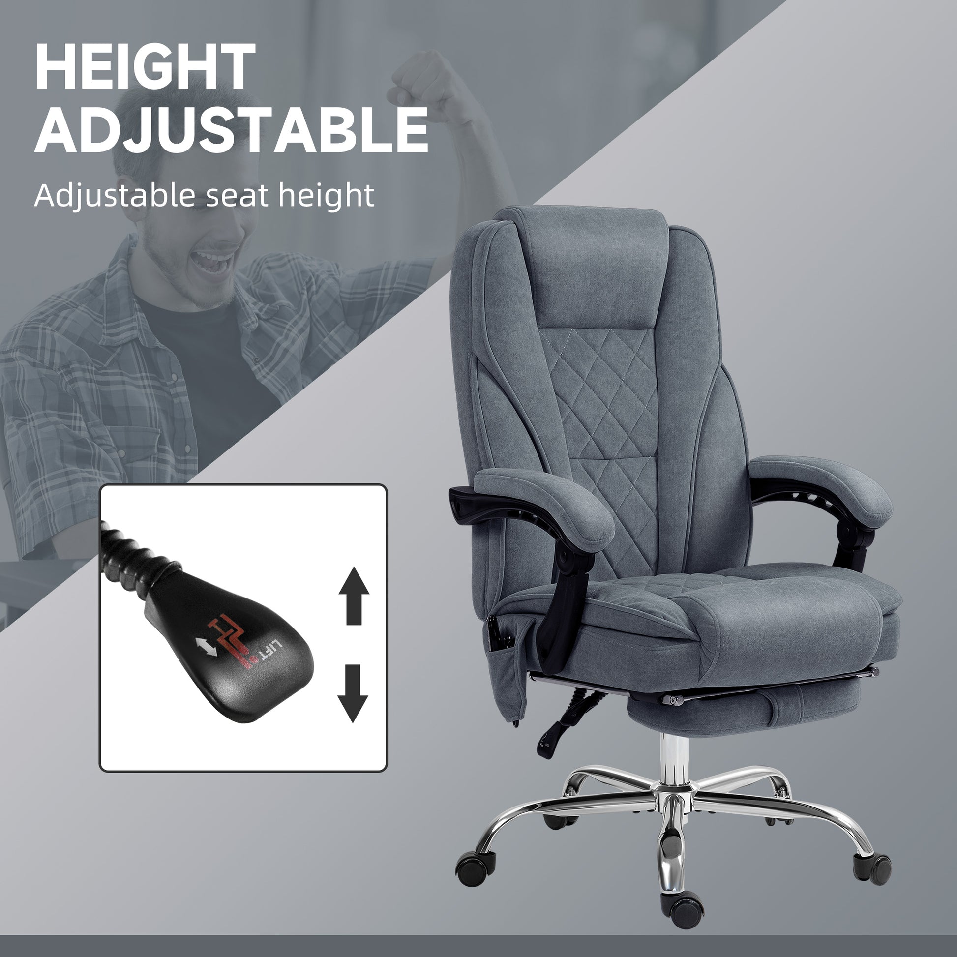 Comfortable grey fabric office chair with height adjustable lever and footrest