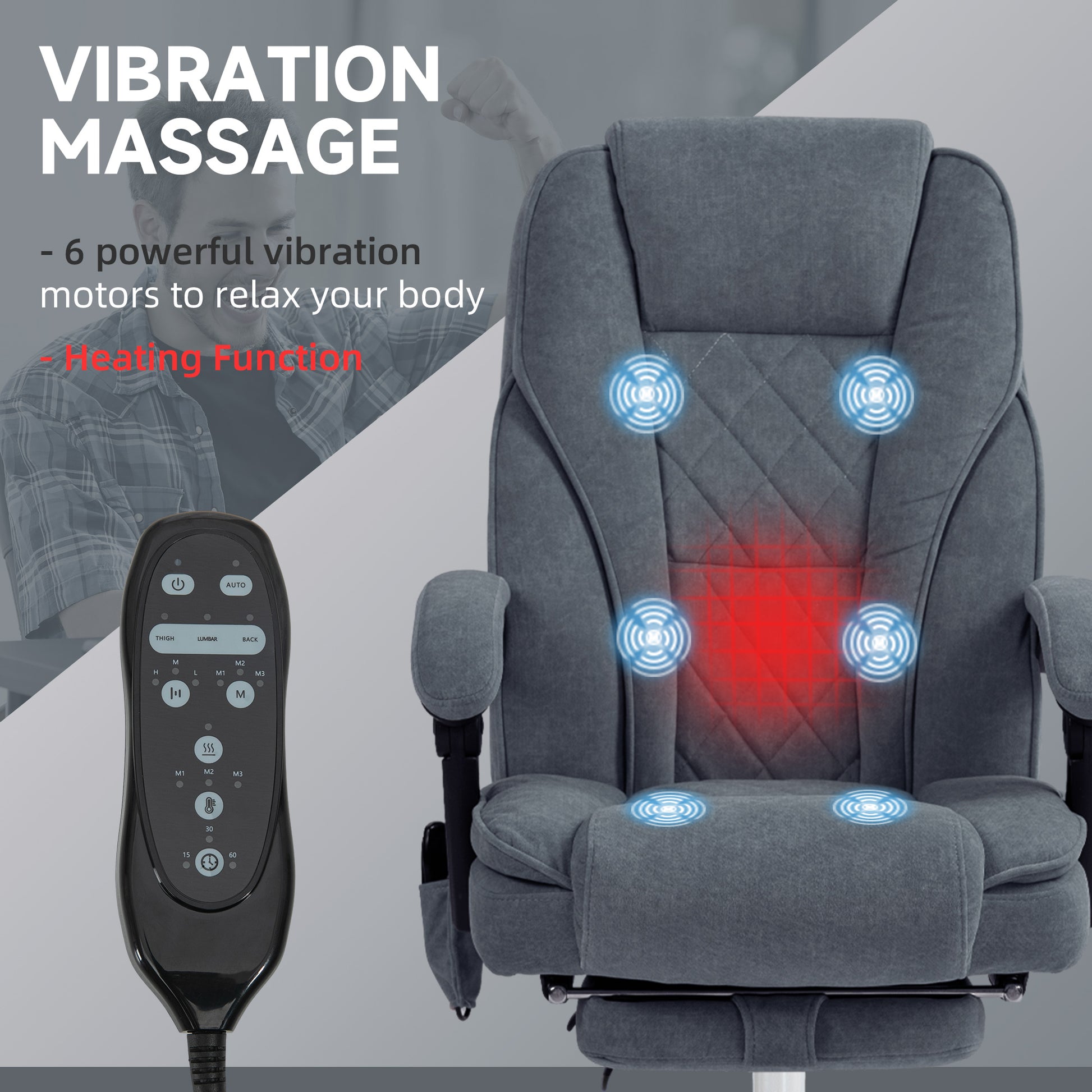 Gray fabric office chair with  vibration massage motors and heating function