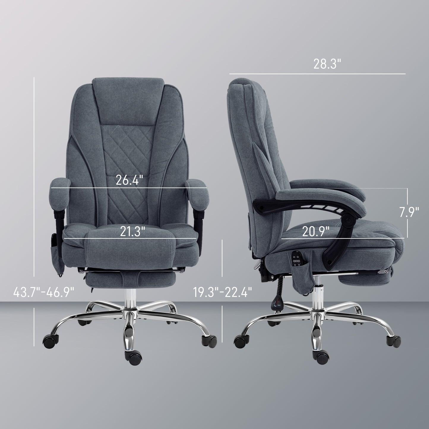 Gray fabric office chair with quilted backrest and adjustable footrest