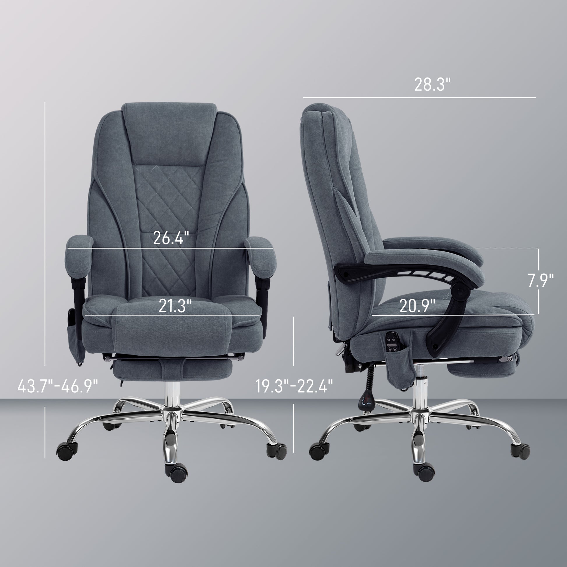 Gray fabric office chair with quilted backrest and adjustable footrest