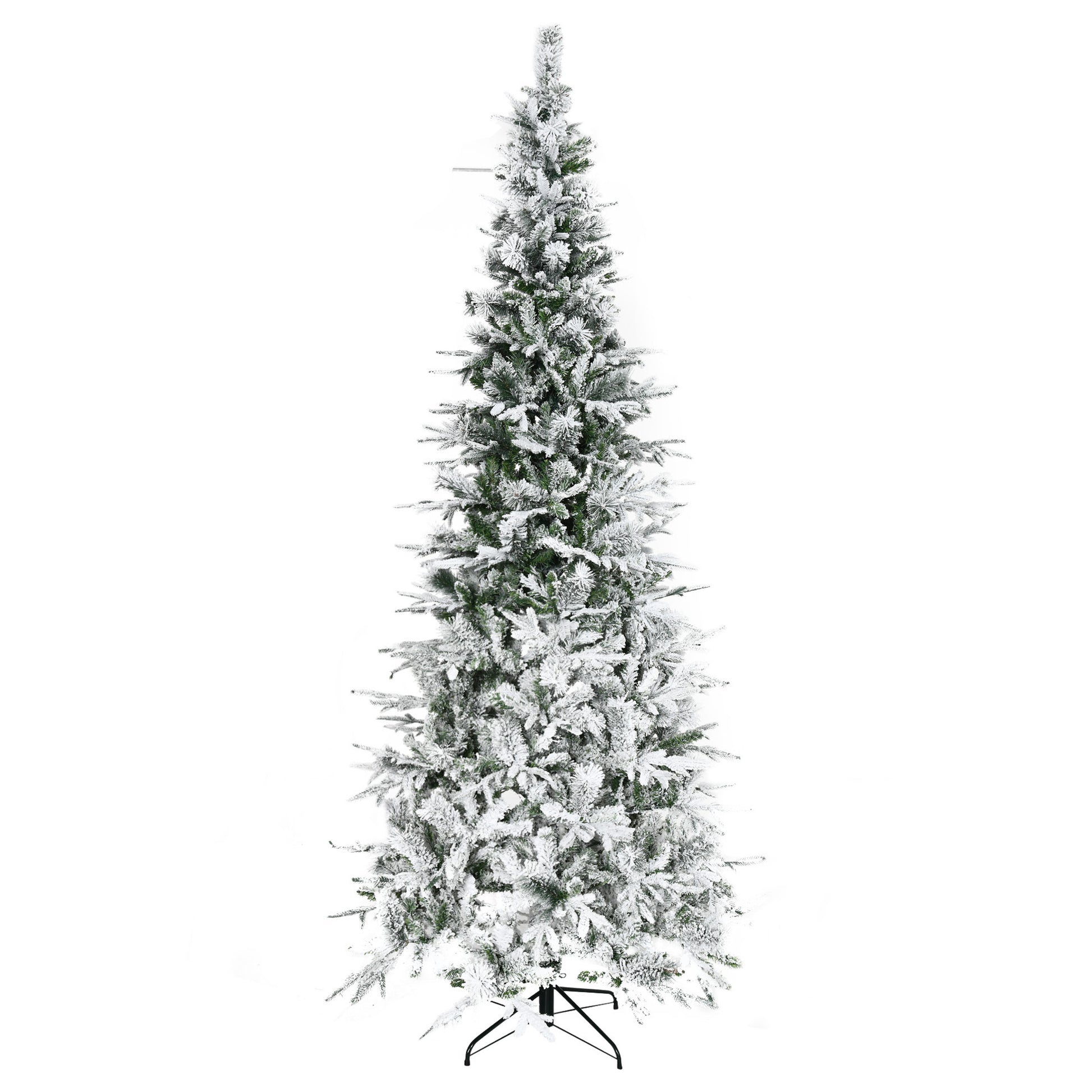 Flocked artificial Christmas tree with a slender profile and flocked branches