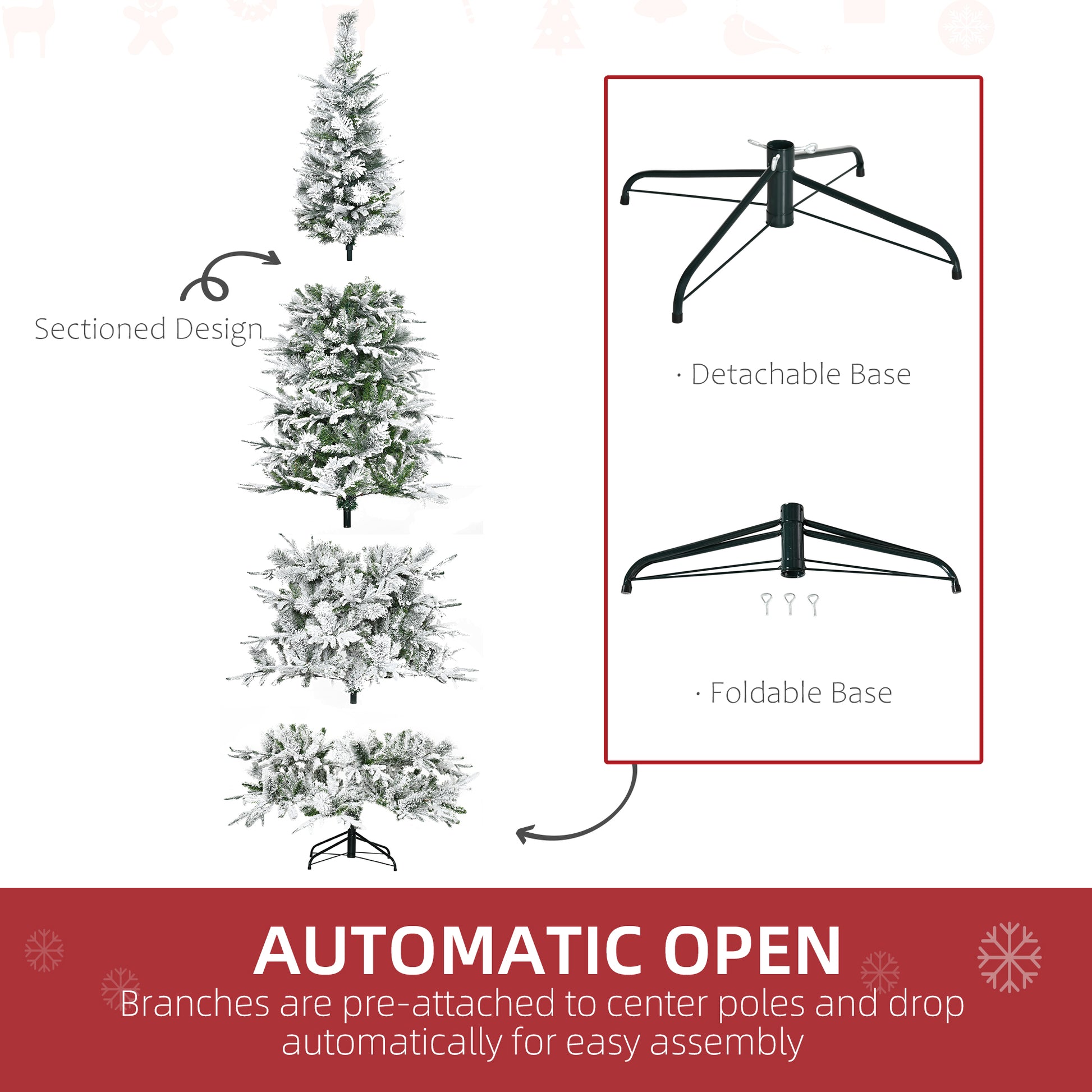 Flocked artificial Christmas tree sections with snow and pine needles