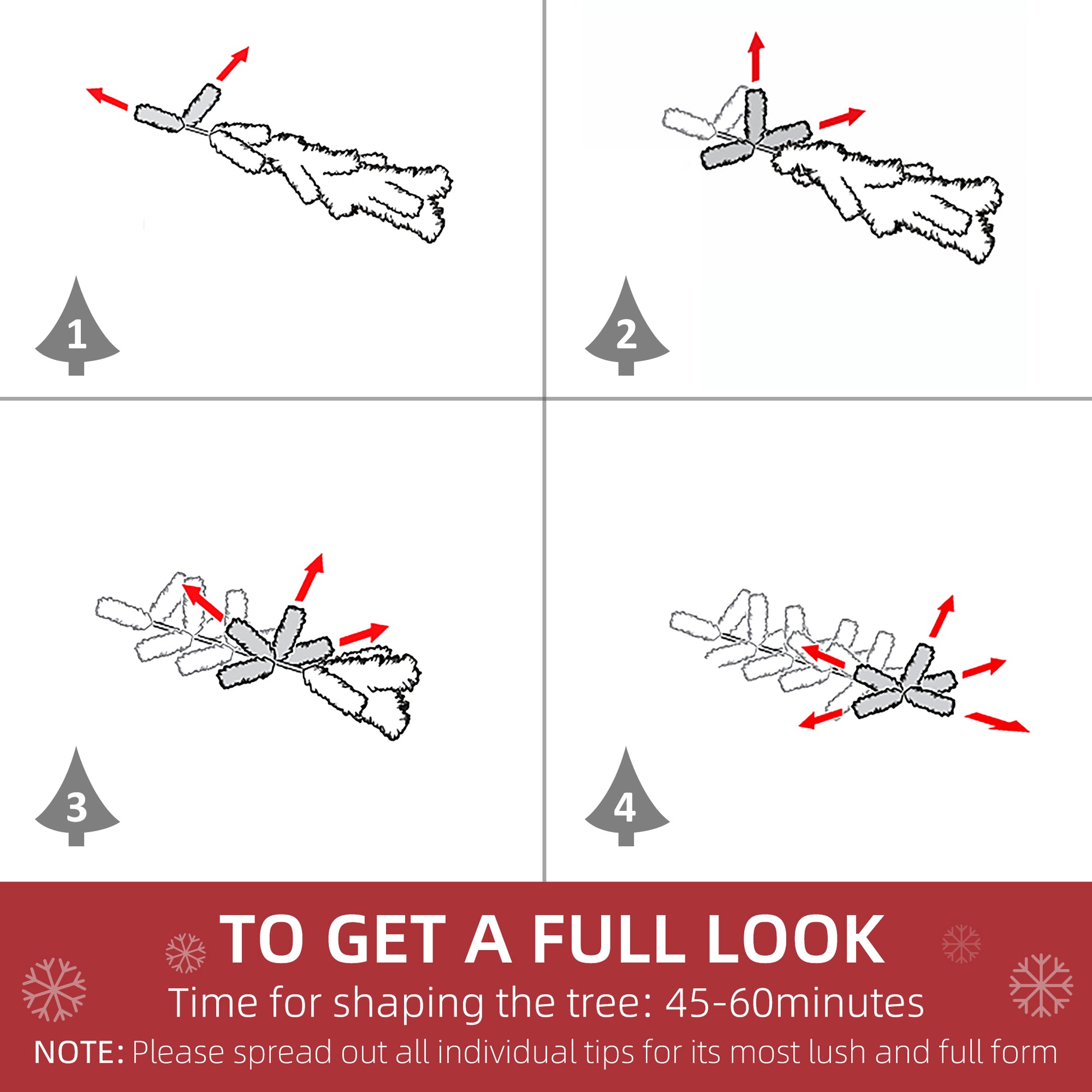Step  of  Illustration showing how to shape artificial Christmas tree branches by pulling them outward