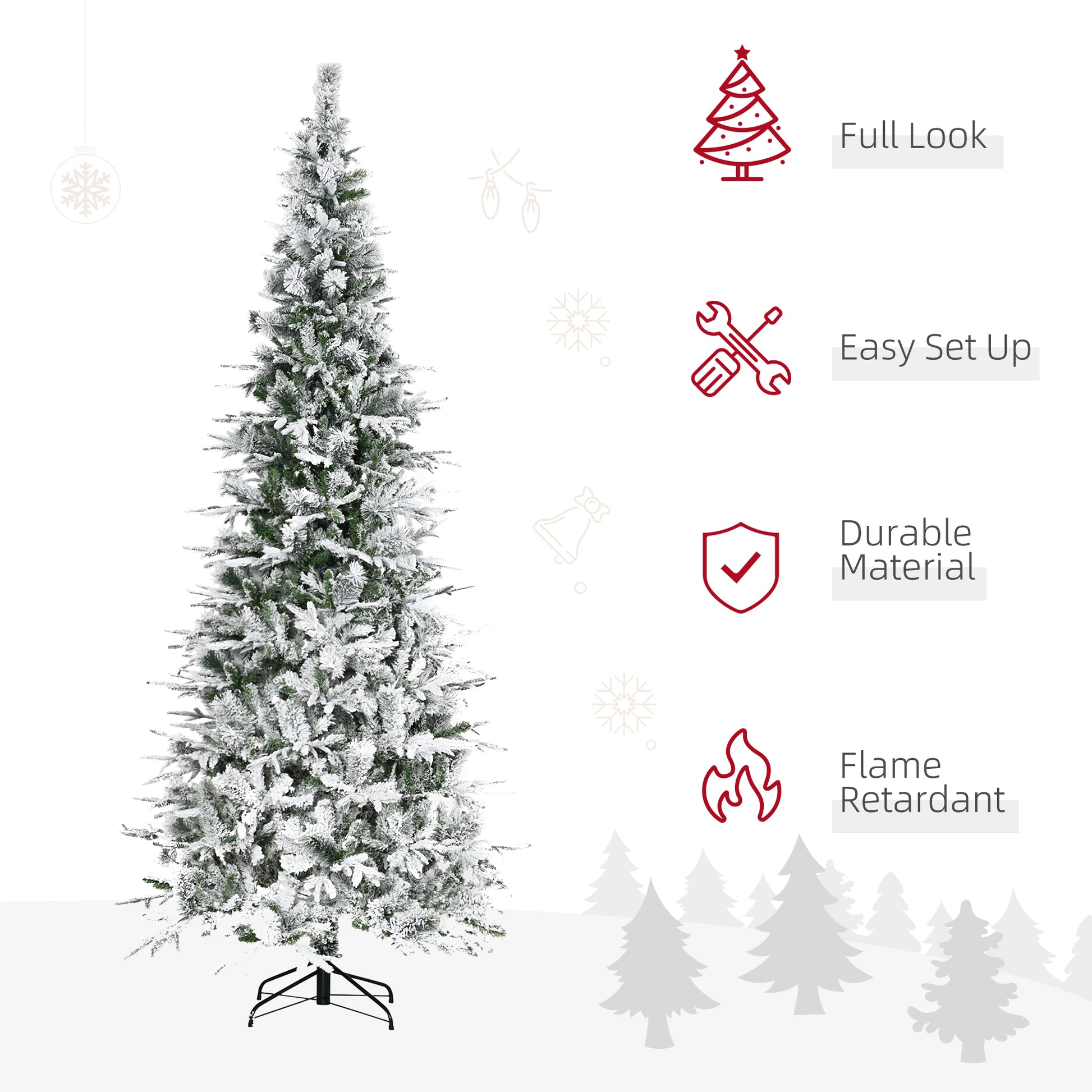 Flocked artificial Christmas tree with dense branches and a sturdy metal stand for holiday decor