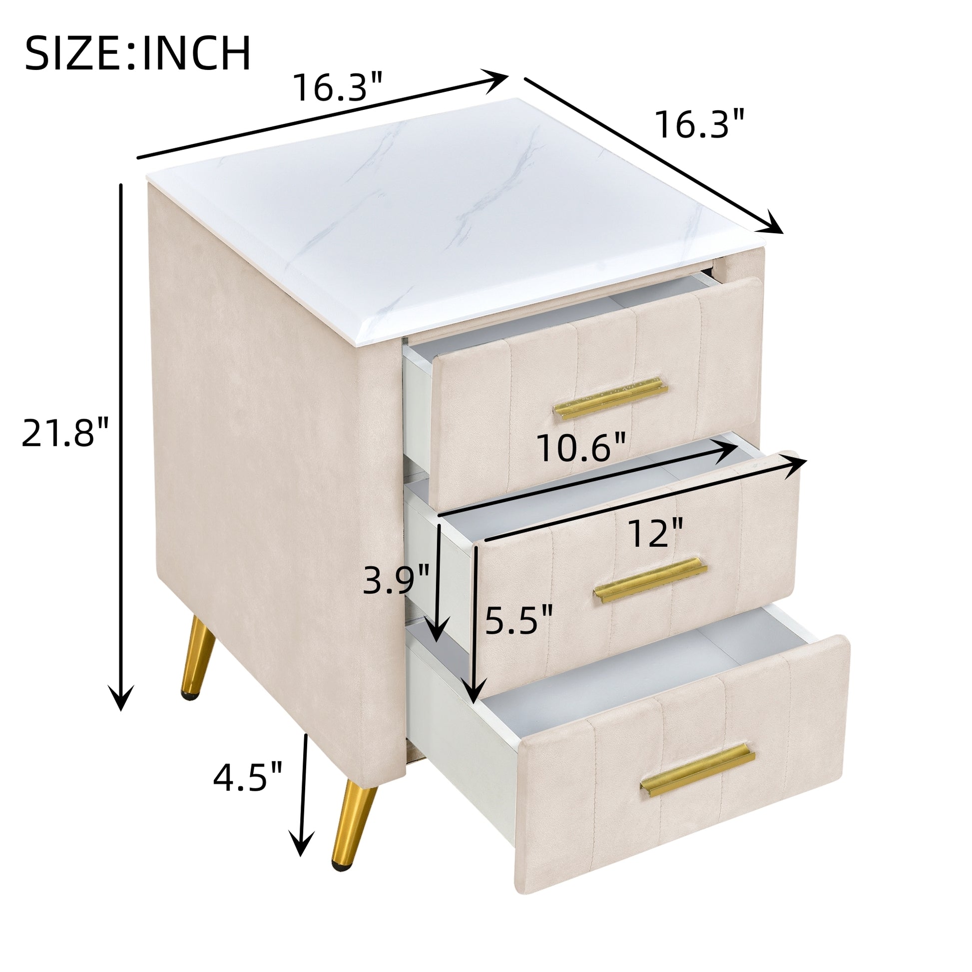 Beige velvet nightstand with white marble top and gold legs