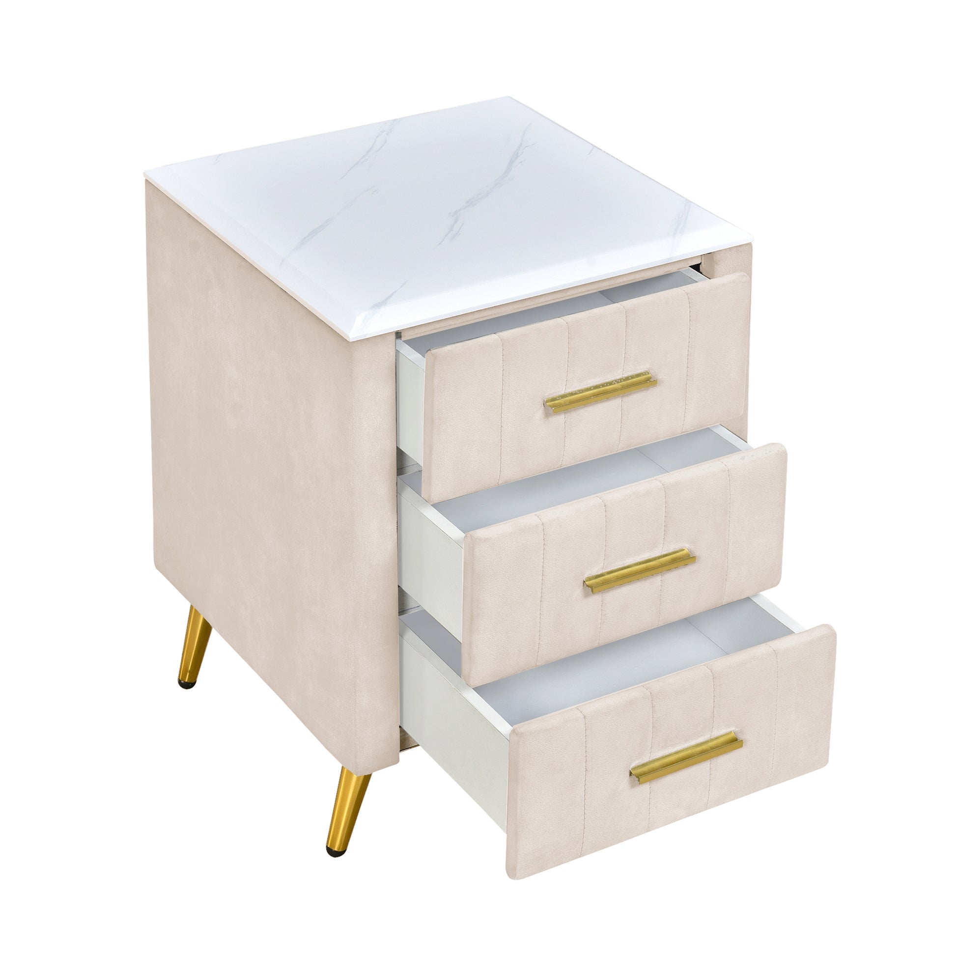 Beige velvet nightstand with marble top and gold accents