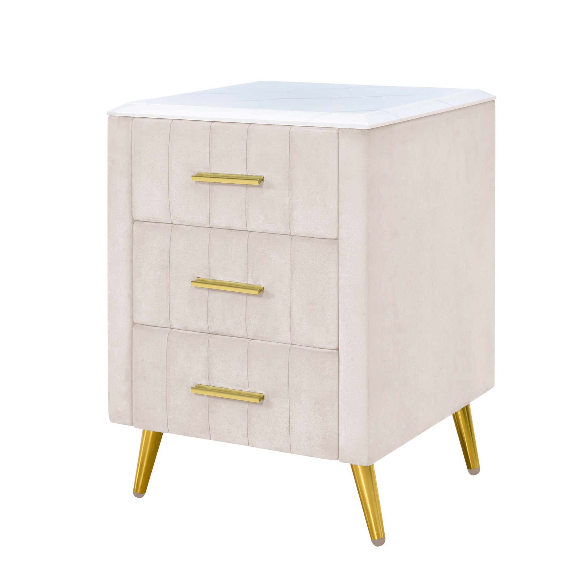 Beige velvet nightstand with three drawers and gold legs