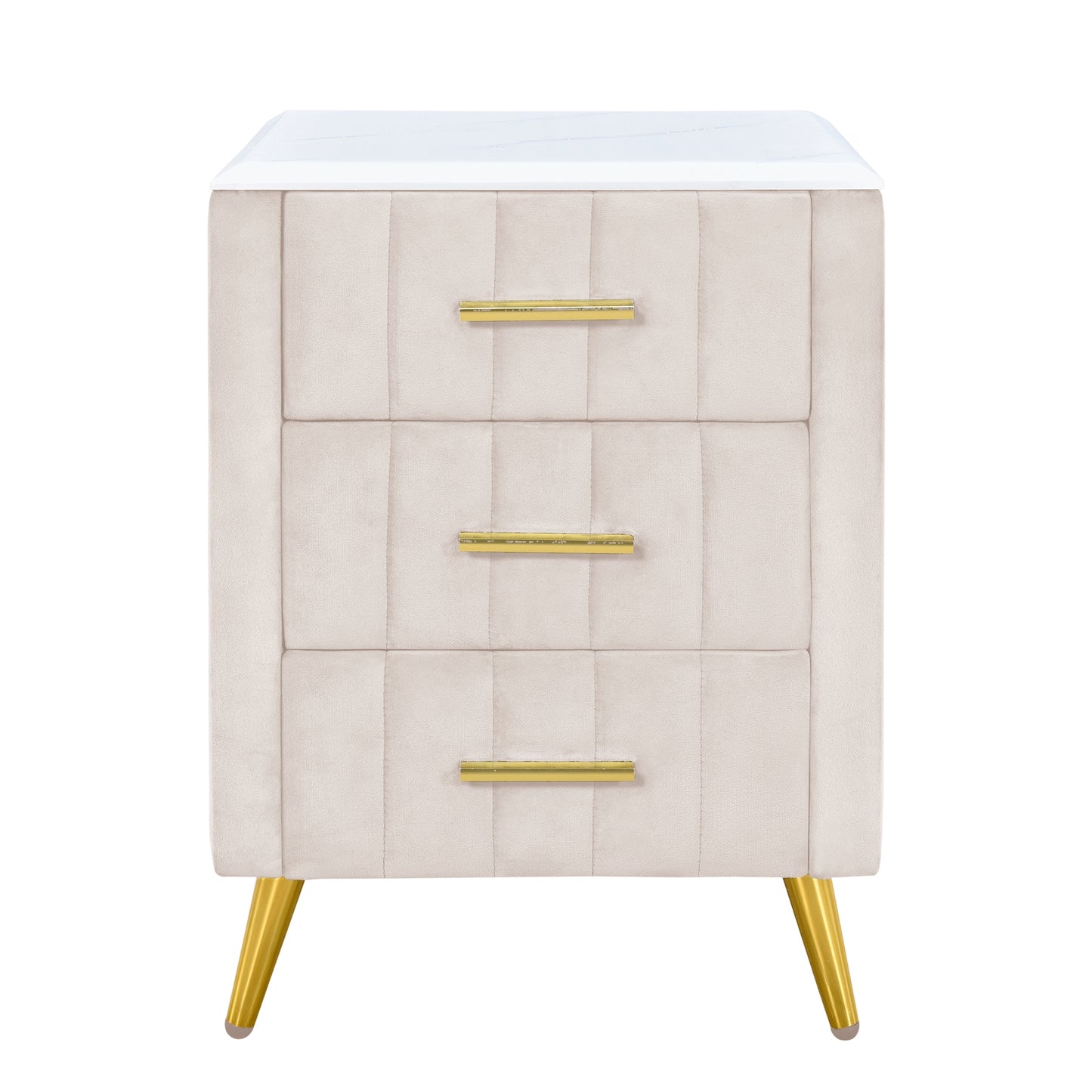Upholstered beige nightstand with three drawers and gold hardware