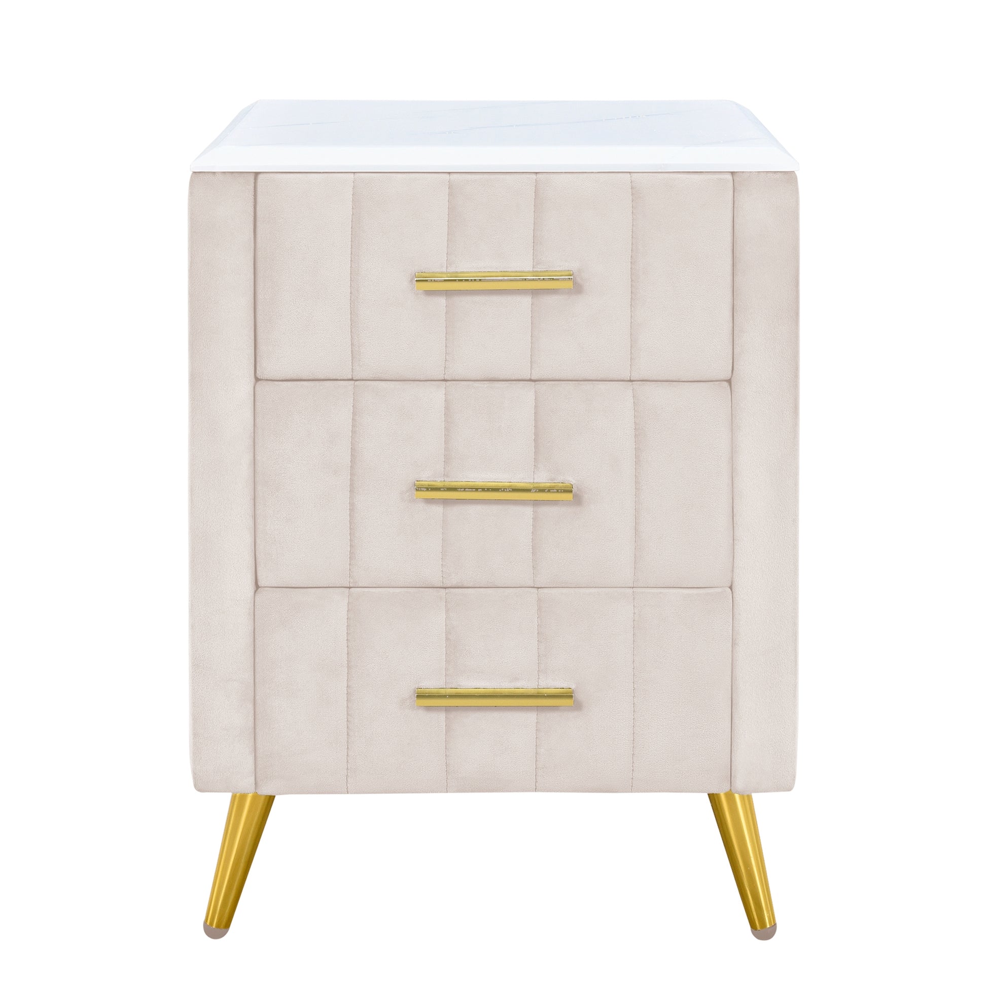 Upholstered beige nightstand with three drawers and gold hardware