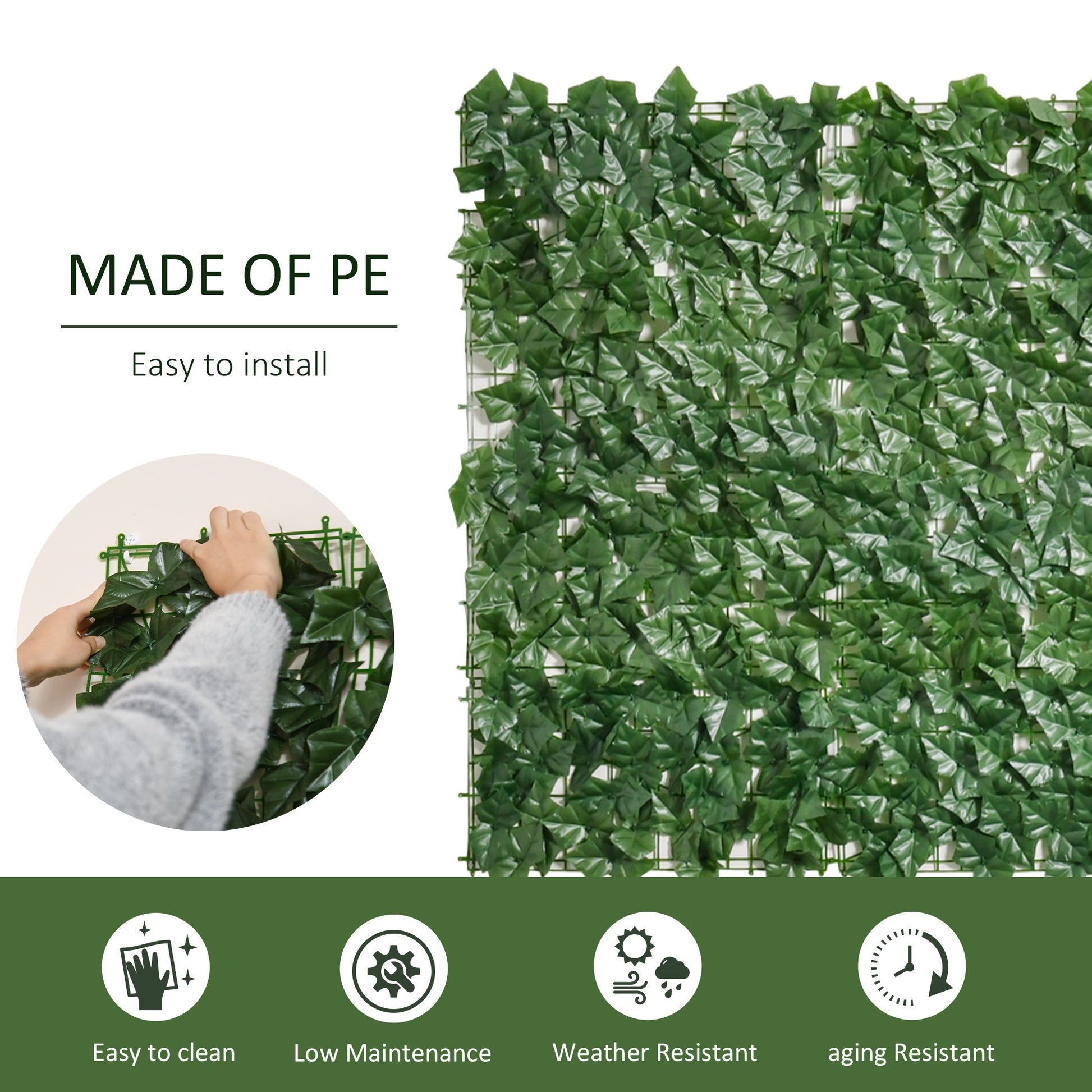 Green artificial ivy leaf privacy screen made of durable PE material for outdoor use