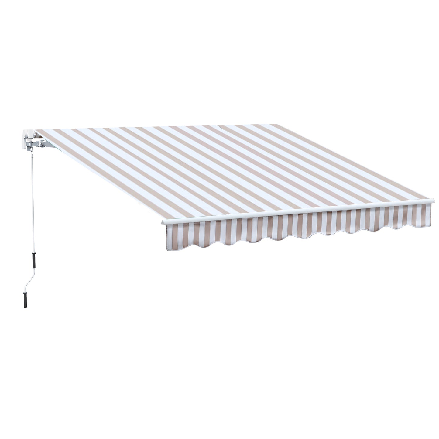 Retractable awning with taupe and white stripe fabric manual crank operation and scalloped valance for outdoor shade