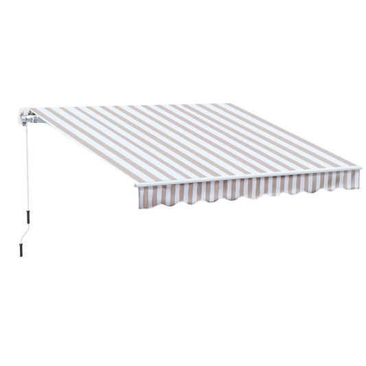 Retractable awning with taupe and white stripe fabric manual crank operation and scalloped valance for outdoor shade